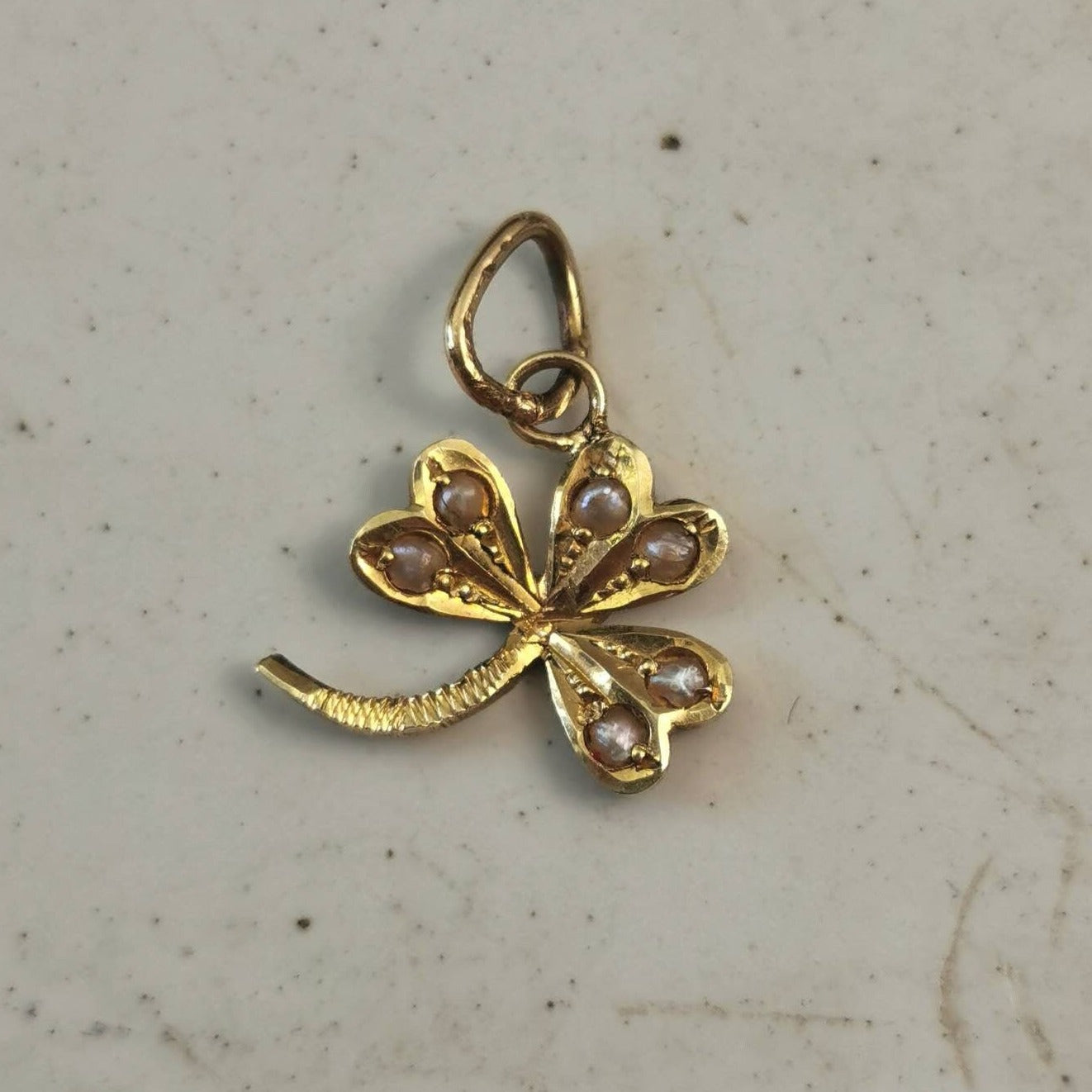 Antique 14k Yellow Gold and Seed Pearl Clover Conversion Charm