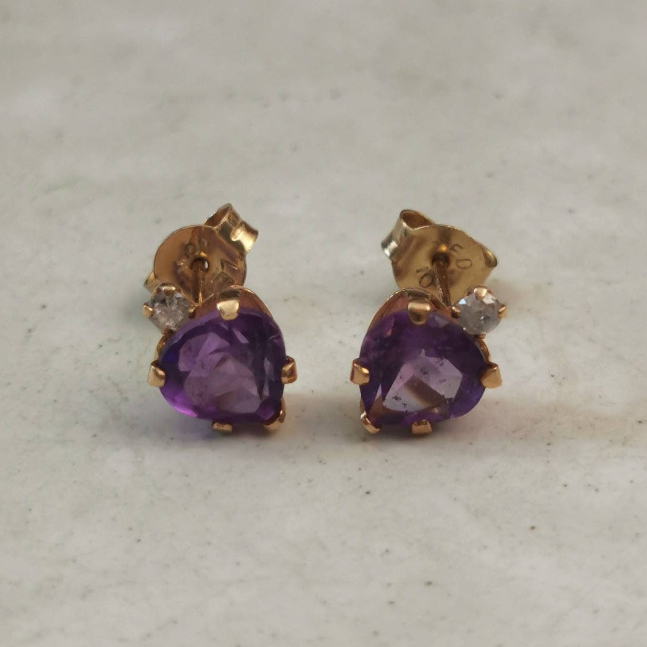 Estate 10k Yellow Gold Amethyst Heart and Diamond Studs
