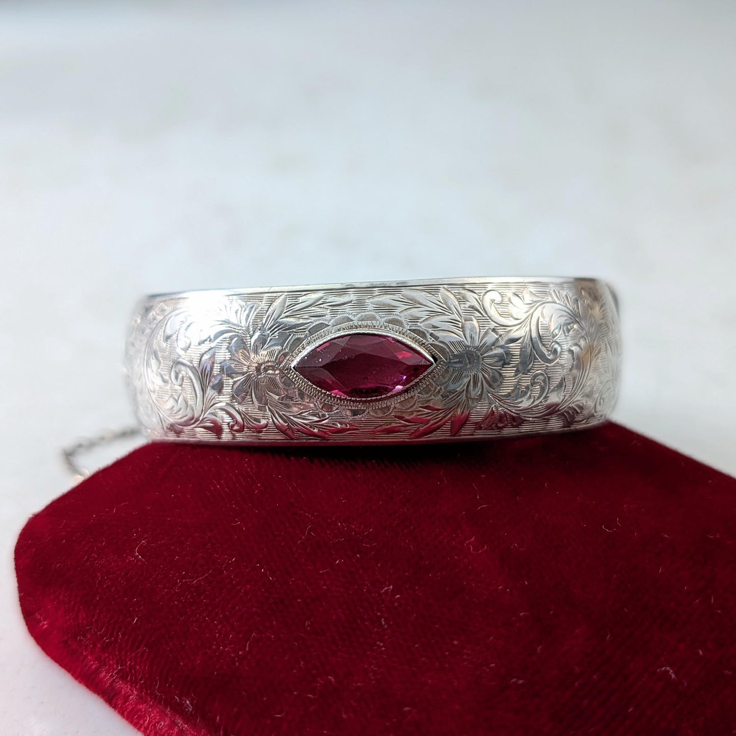 Vintage Sterling Silver Chased Cuff Bracelet with Marquise Cut Lab Ruby