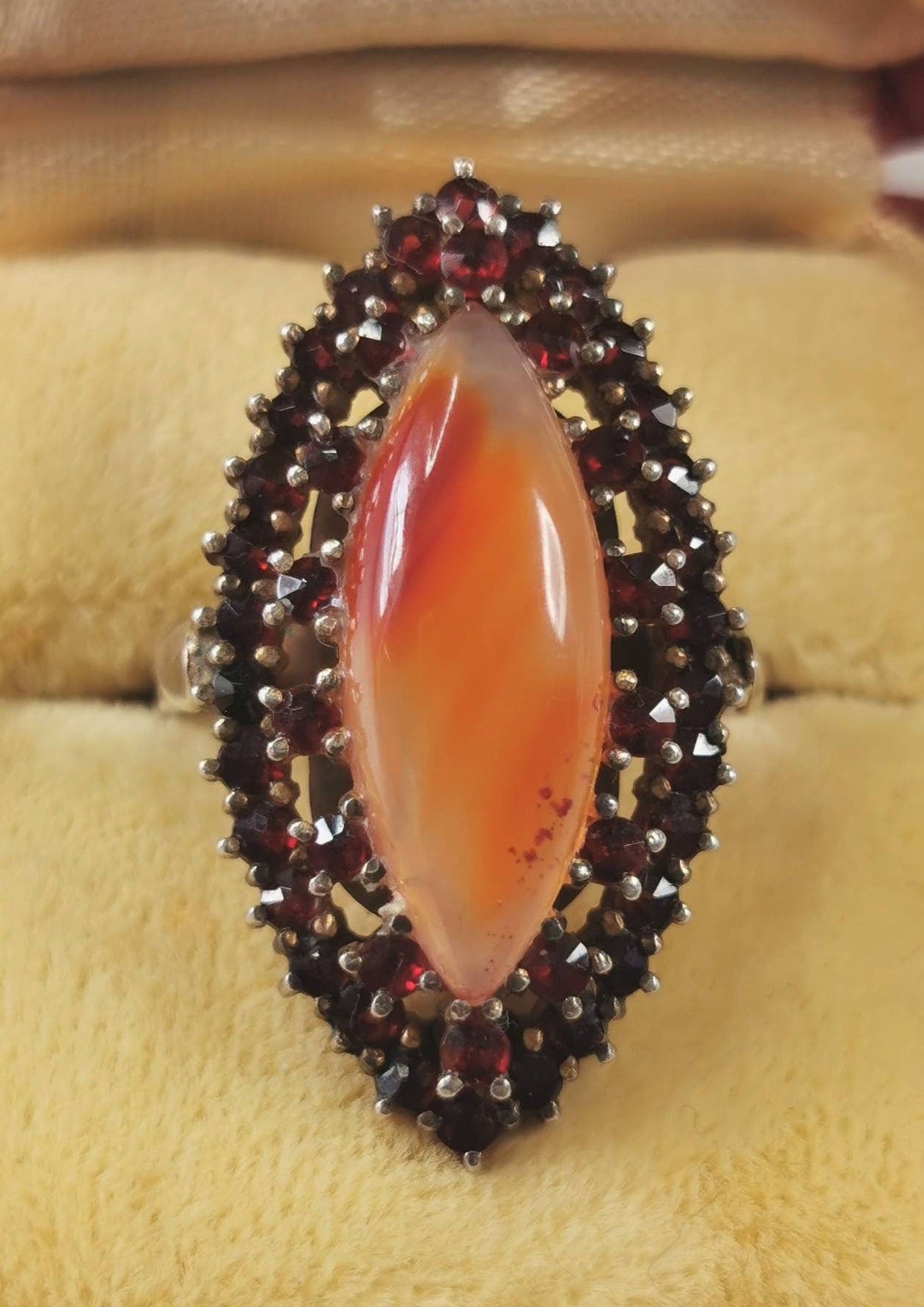 Bohemian 900 Silver Rose Cut Garnet Navette Ring