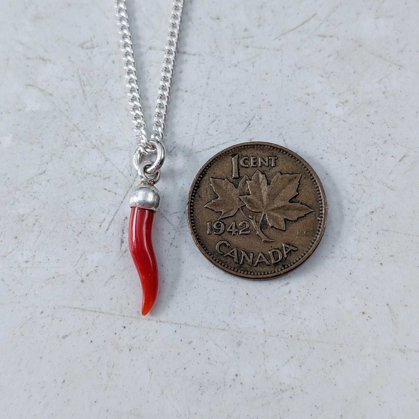 Sterling Silver Italian Red Coral Cornicello Necklace - Lucky Horn