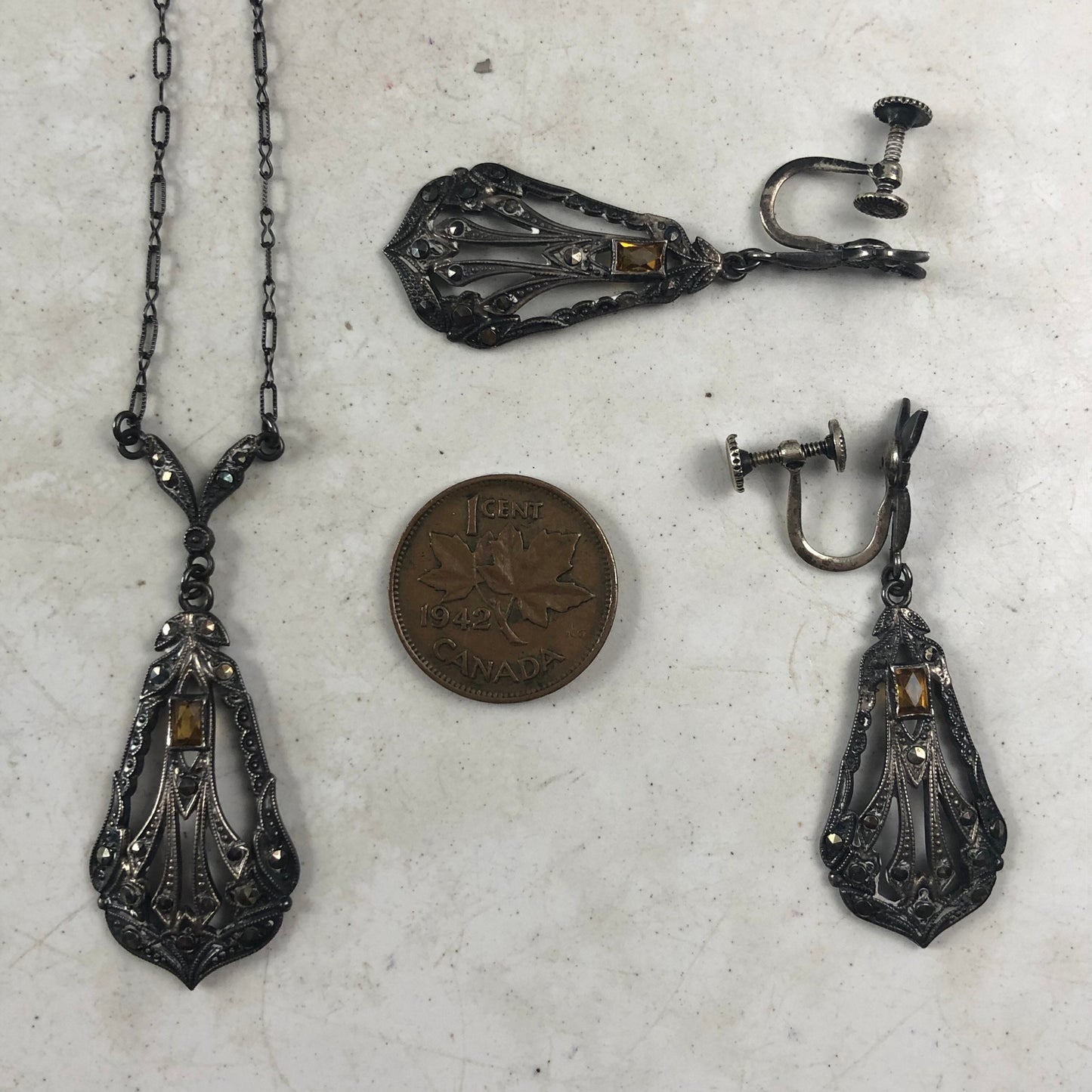 Antique Art Deco Sterling Silver Paste & Marcasite Jewellery Suite