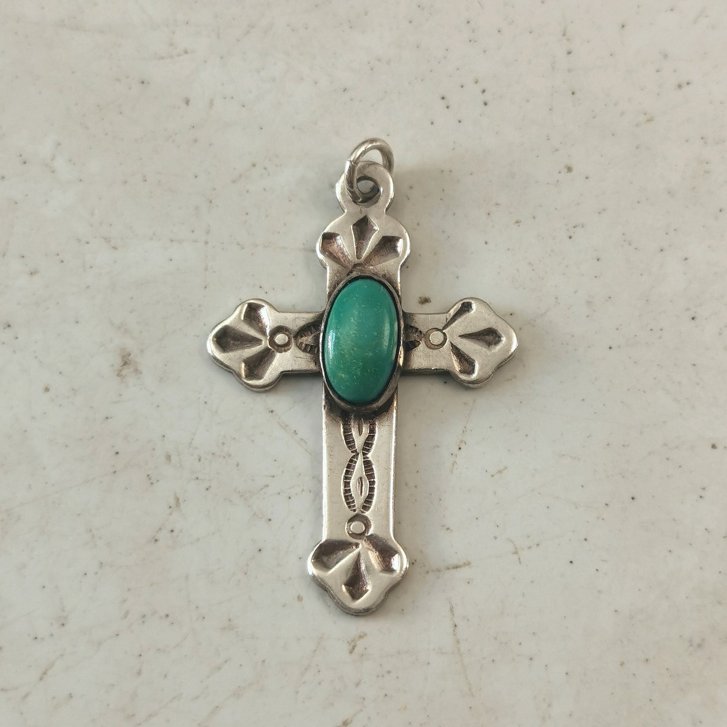 Vintage Navajo Patterned Silver and Turquoise Medium Cross Pendant
