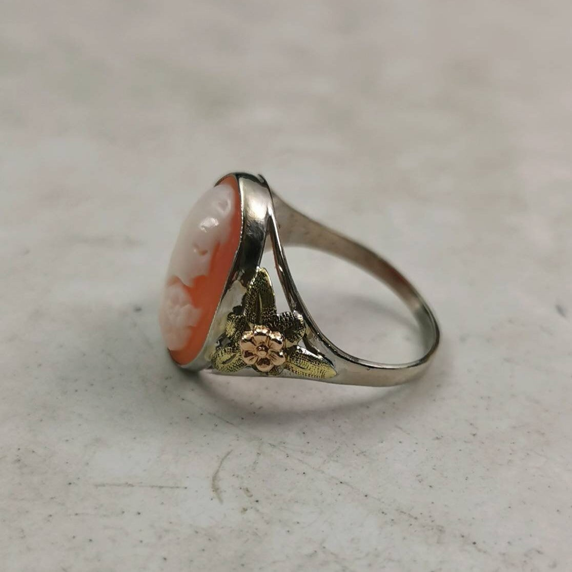 Art Deco 10k White Gold with Rose Gold Green Gold Accent Cameo Ring