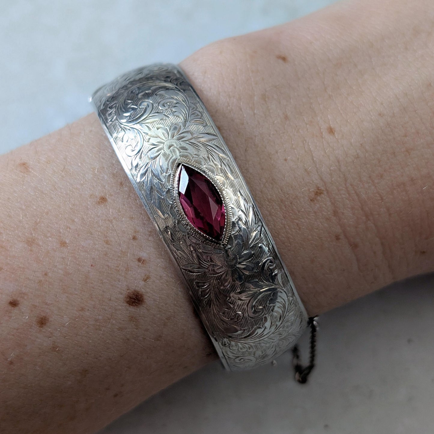 Vintage Sterling Silver Chased Cuff Bracelet with Marquise Cut Lab Ruby