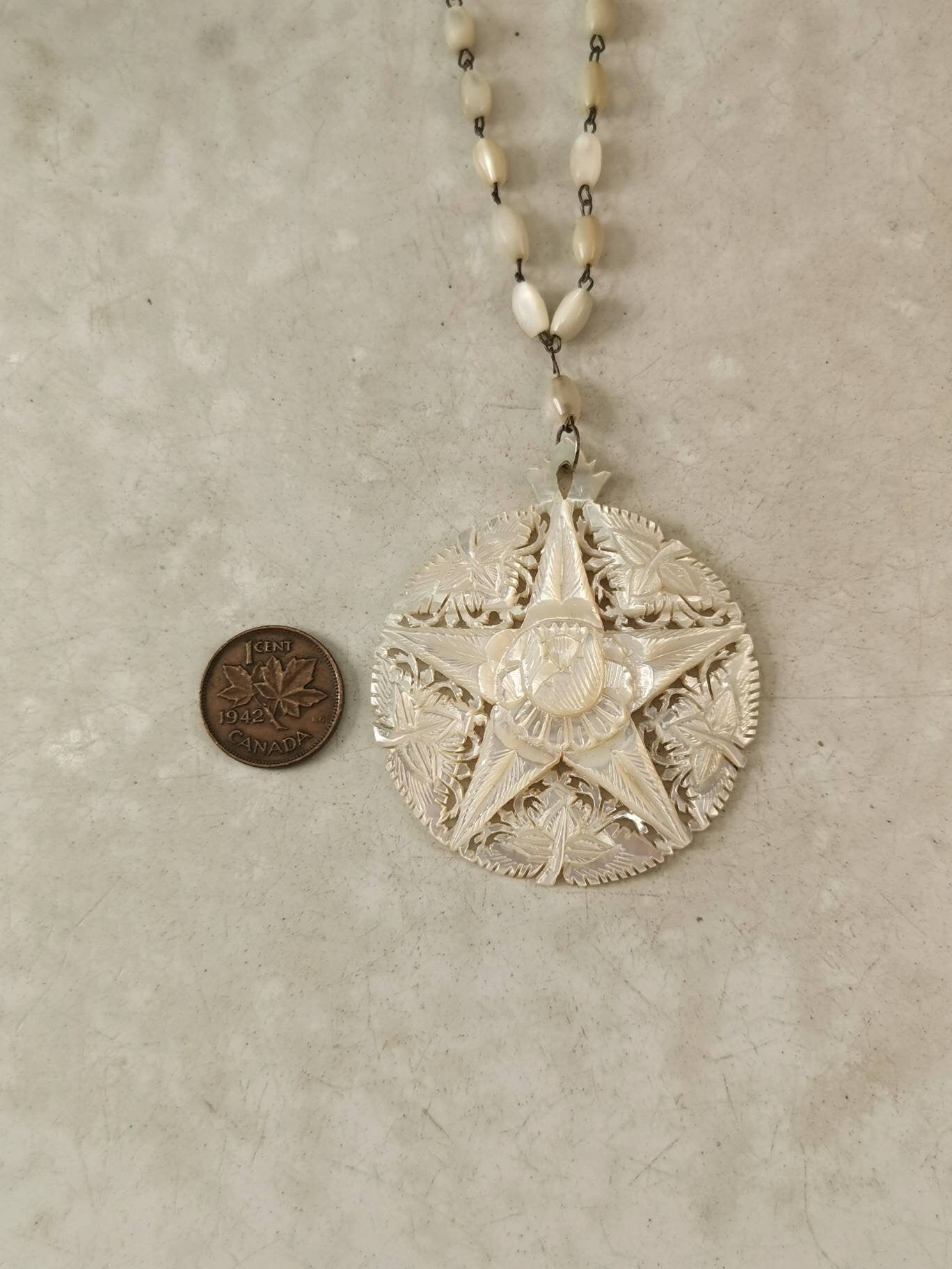 Art Deco Carved Mother of Pearl Pendant Necklace on Beaded Chain