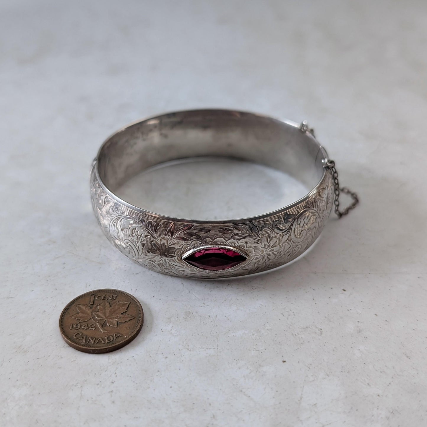 Vintage Sterling Silver Chased Cuff Bracelet with Marquise Cut Lab Ruby