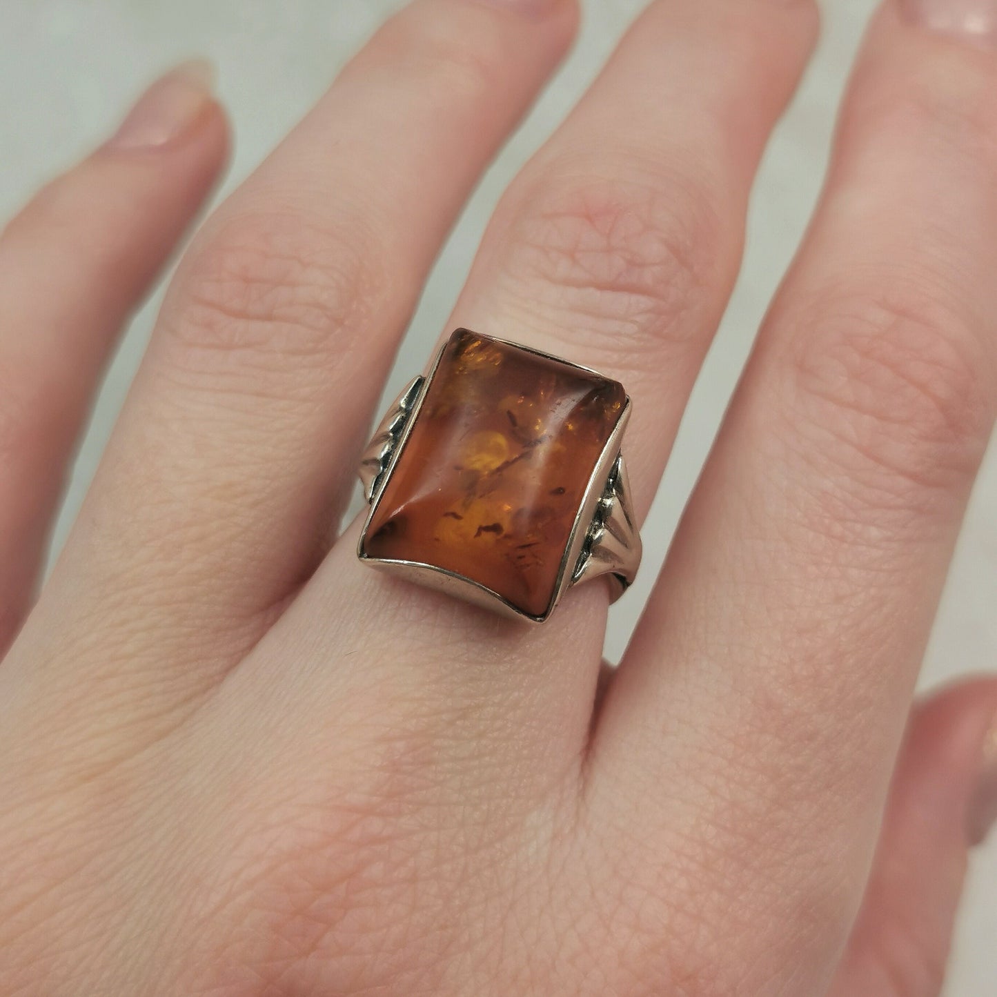 Vintage Sterling Silver Amber Signet Style Ring