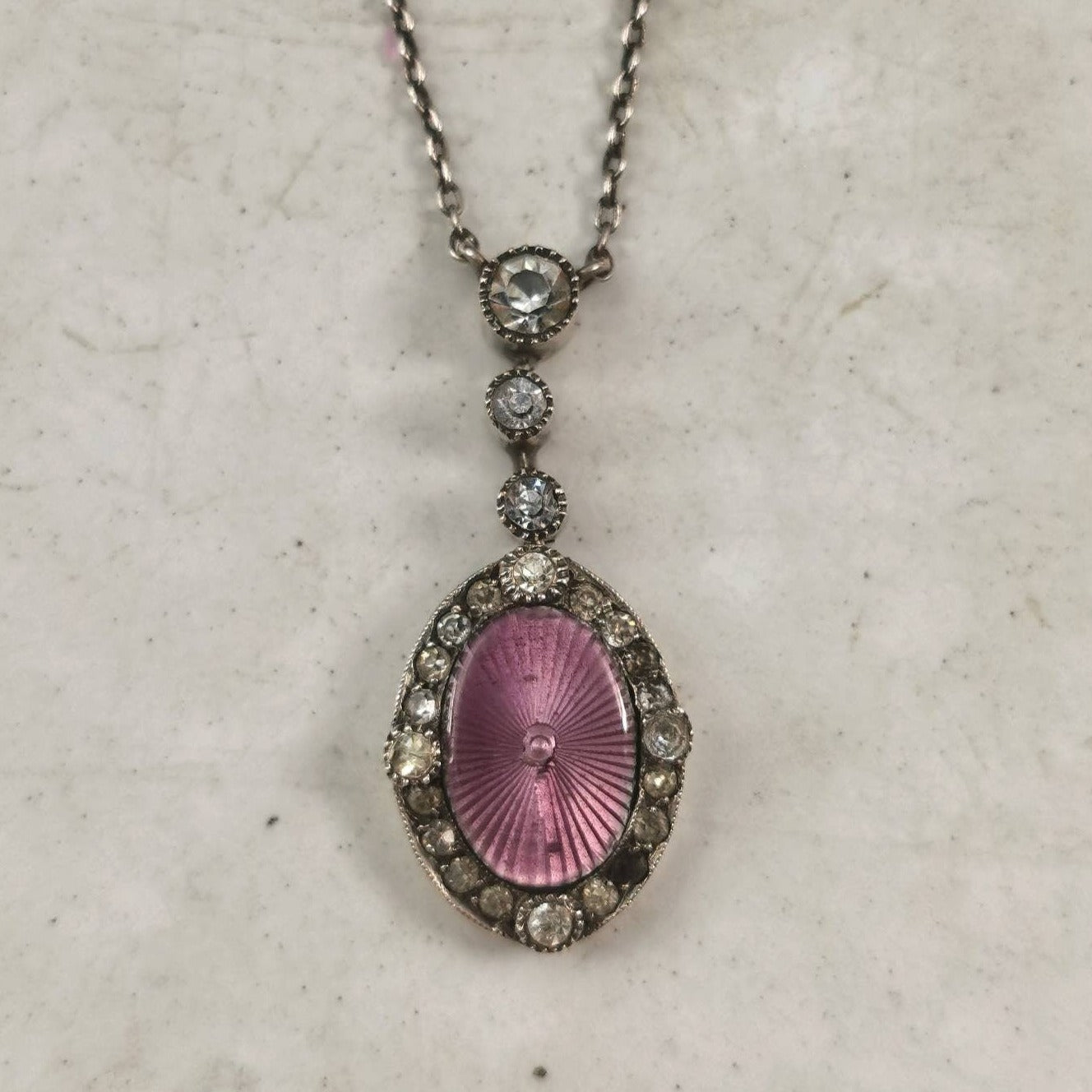 Vintage Sterling Silver Guilloché Enamel & Rhinestone Lavalier