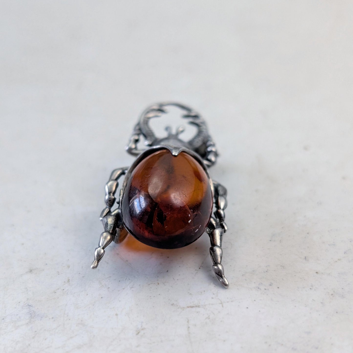 Vintage Sterling Silver and Amber Beetle Brooch