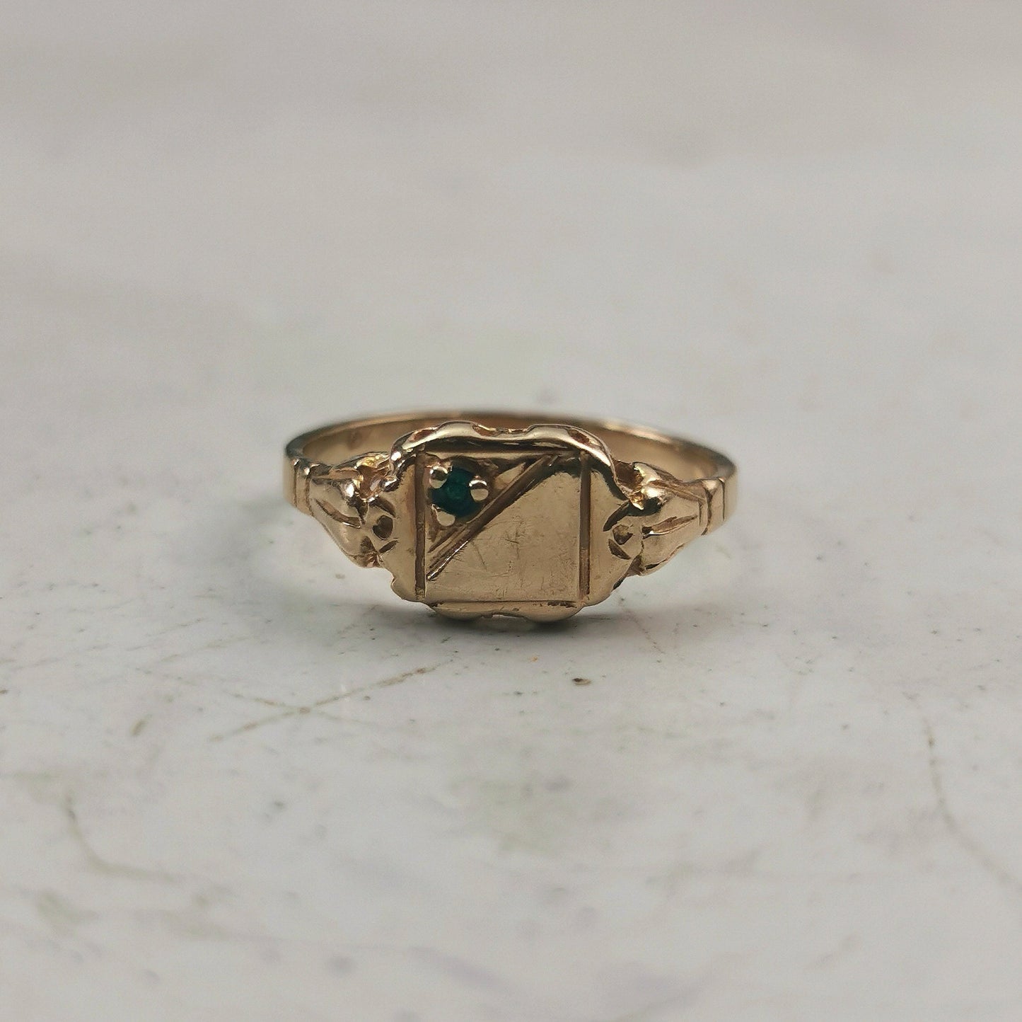 Retro 1950's 10k Yellow Gold Blank Signet Ring with Paste Emerald