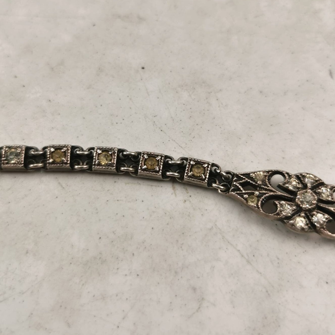 Antique Art Deco Sterling Silver & Paste Rhinestone Filigree Line Bracelet