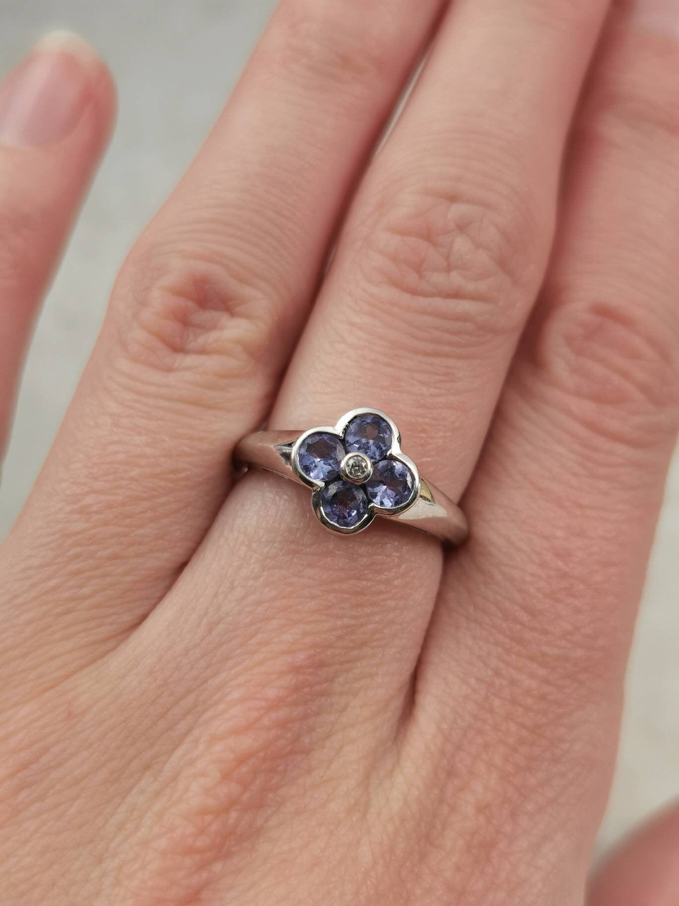 Estate 10k White Gold Tanzanite and Diamond Quatrefoil Flower Ring