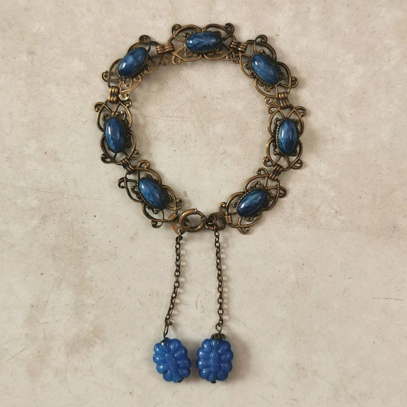Antique Czech Glass Filigree Bracelet with Dangles