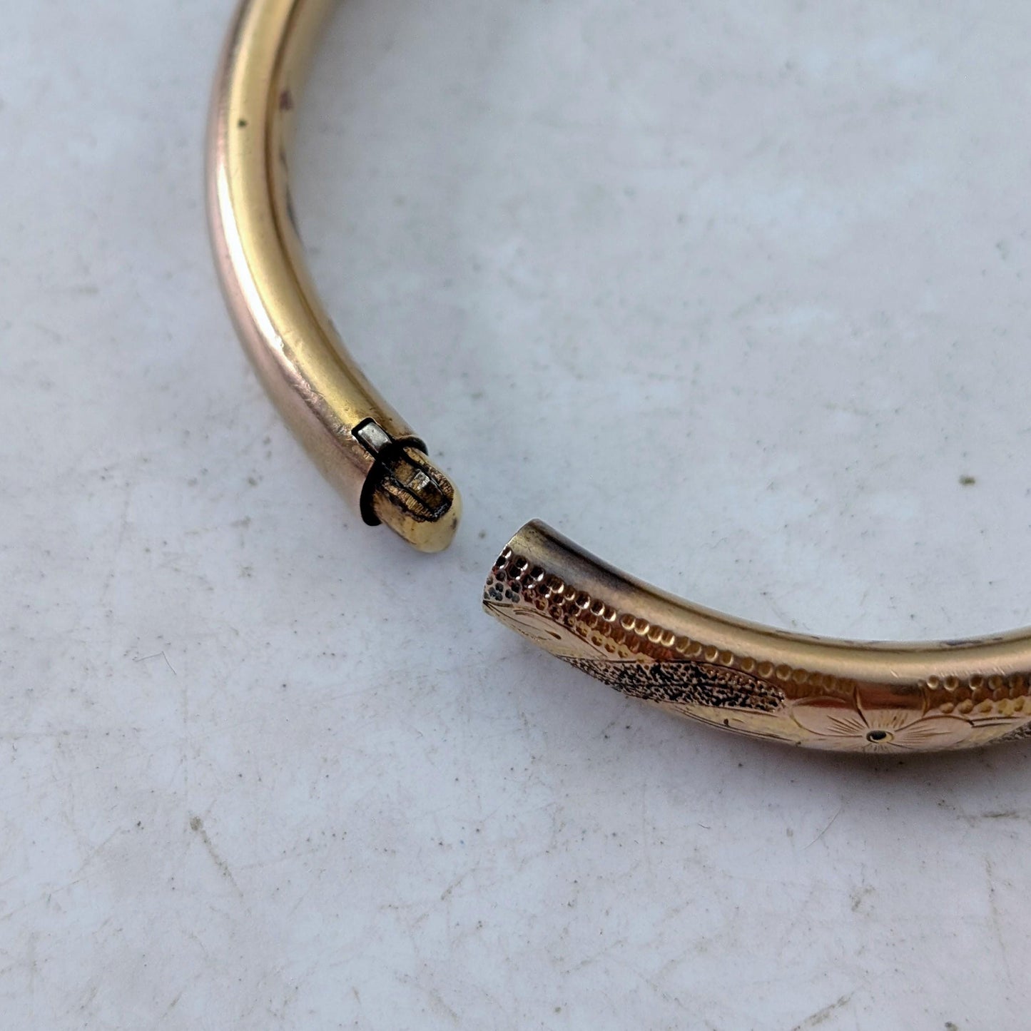 Antique Gold Filled Black Enamel Floral Engraved Bangle Bracelet