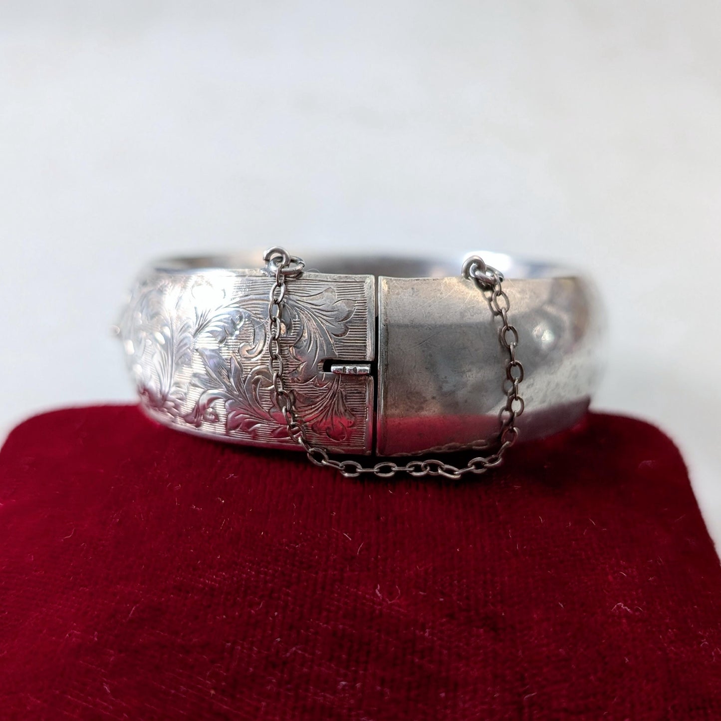 Vintage Sterling Silver Chased Cuff Bracelet with Marquise Cut Lab Ruby