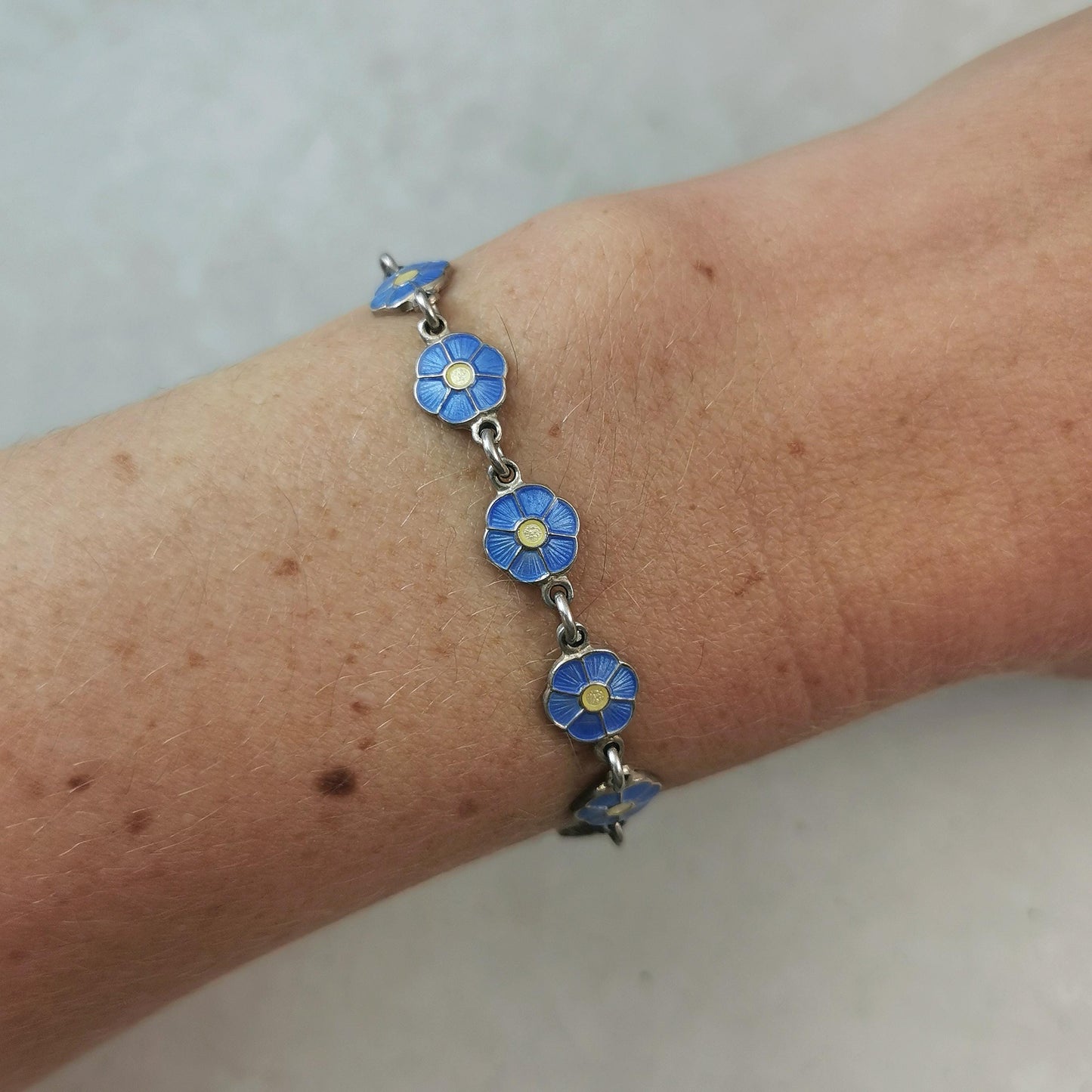 Vintage Volmer Bahner Sterling Silver and Enamel Flower Bracelet - Forget-me-not Blue Enamel Flowers- Adult Bracelet 7.5"