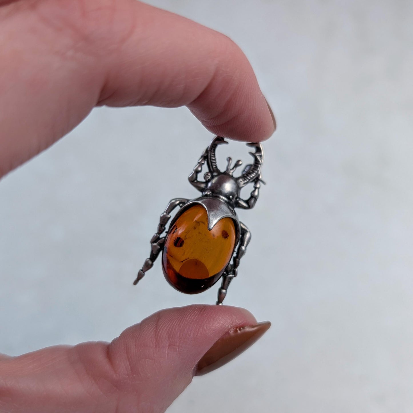 Vintage Sterling Silver and Amber Beetle Brooch