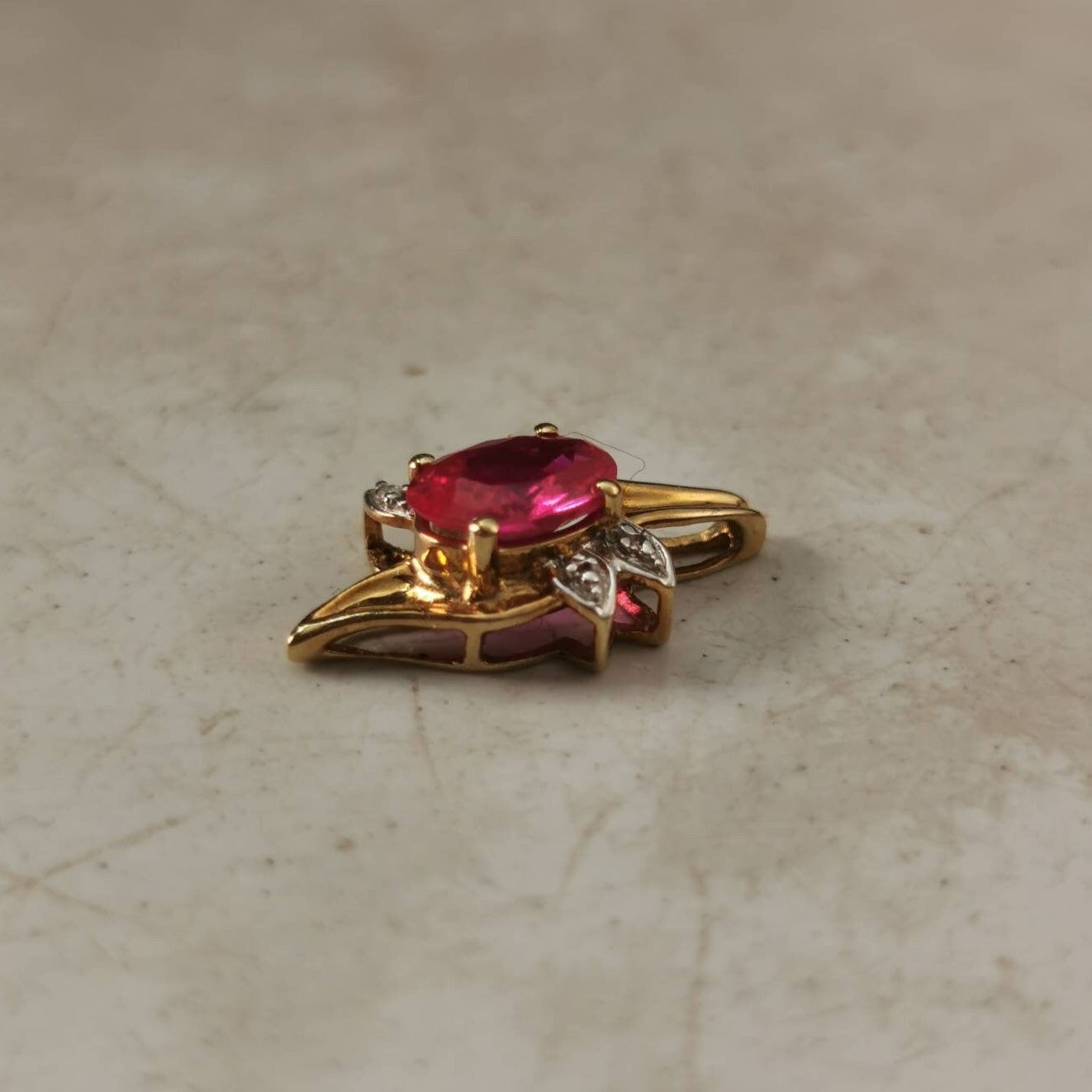 Estate 10k Yellow Gold Lab Ruby and Diamond Ring and Pendant Set