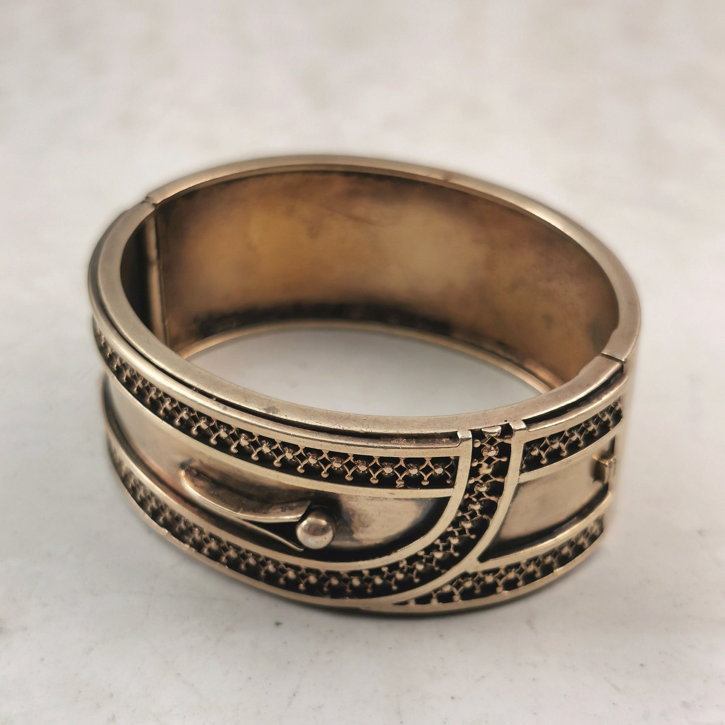 Antique Victorian Gold Filled Estrucan Revival Buckle Cuff Bracelet