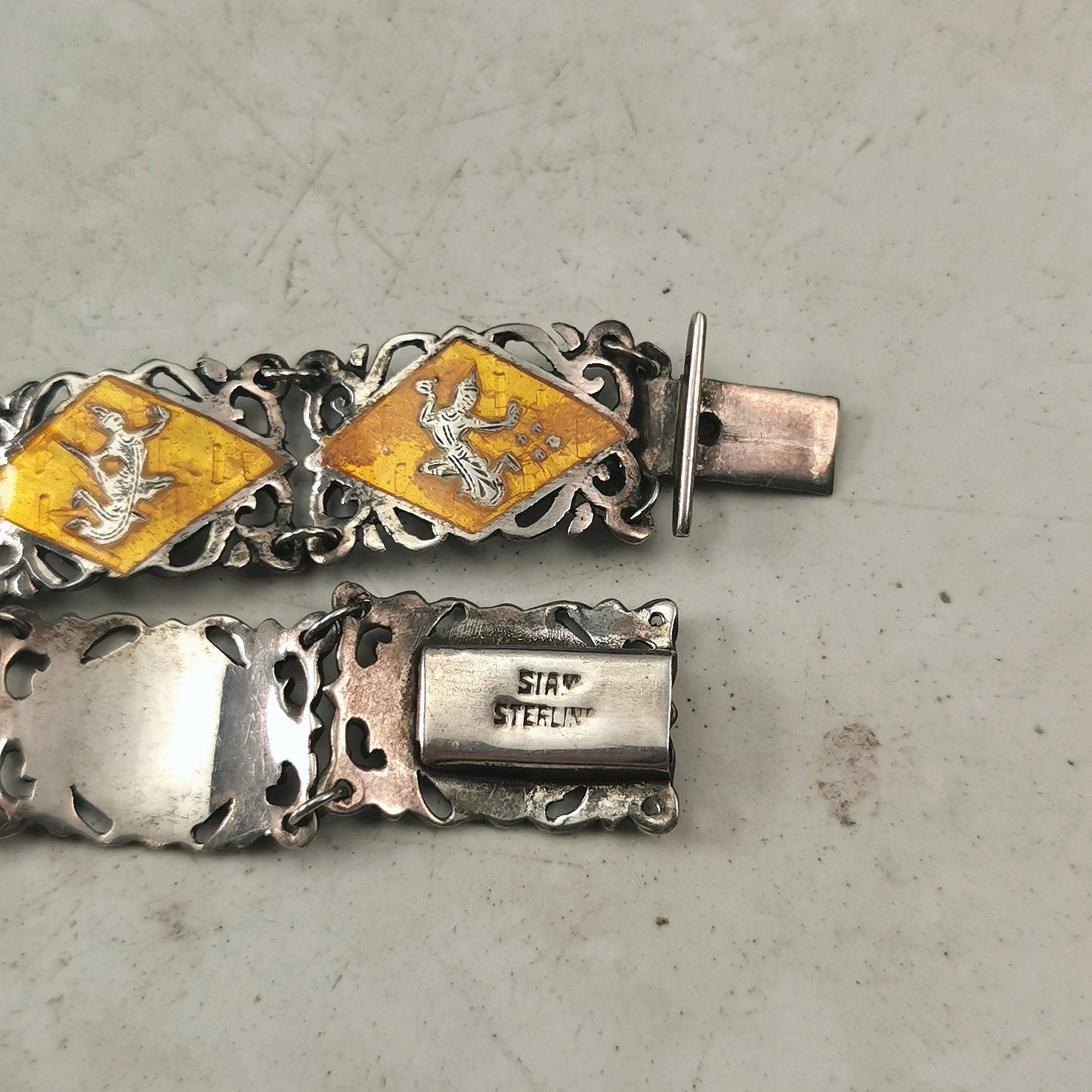 Vintage Siam Sterling Silver and Yellow Enamel Set - Fancy Link Bracelet & Brooch Pendant