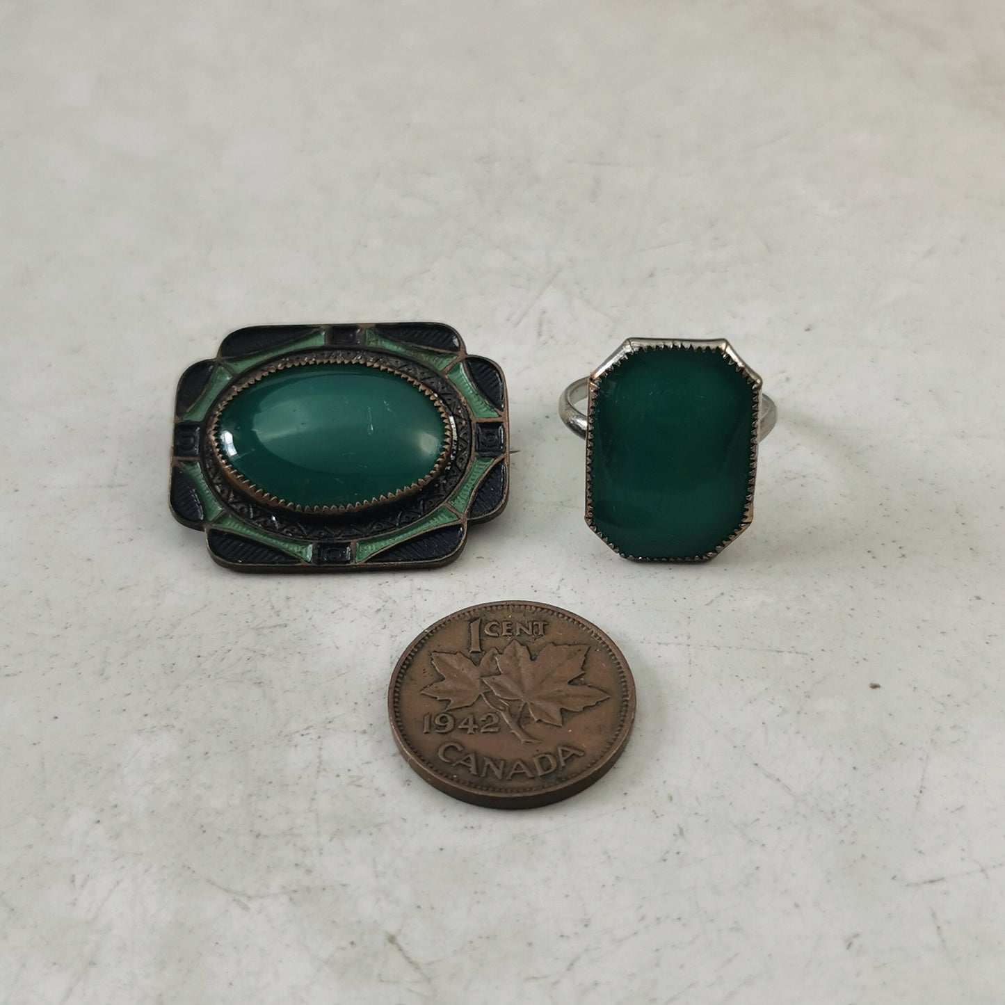 Art Deco Chrysoprase Glass Ring and Brooch SET