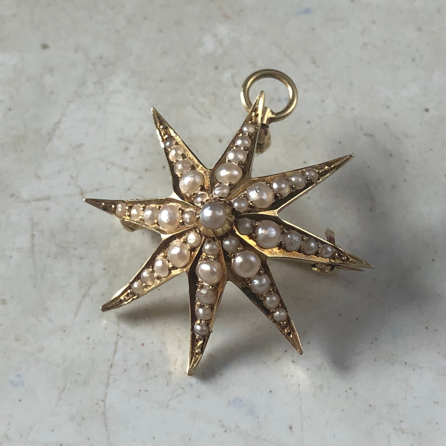 Edwardian 14k Gold Yellow Gold & Seed Pearl Starburst Convertible Pendant Brooch