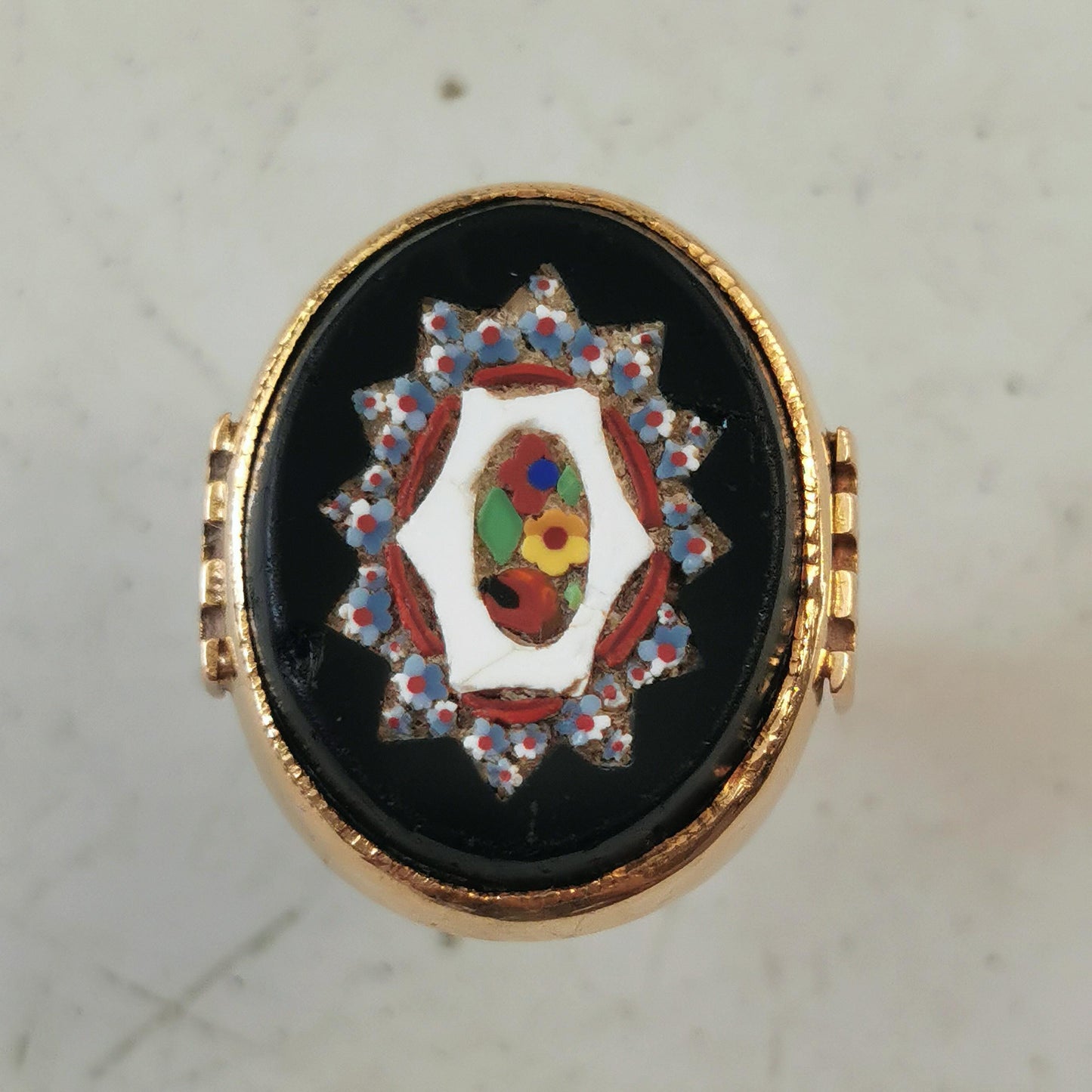 Antique Yellow Gold Micro Mosaic Flower Mosaic Statement Ring