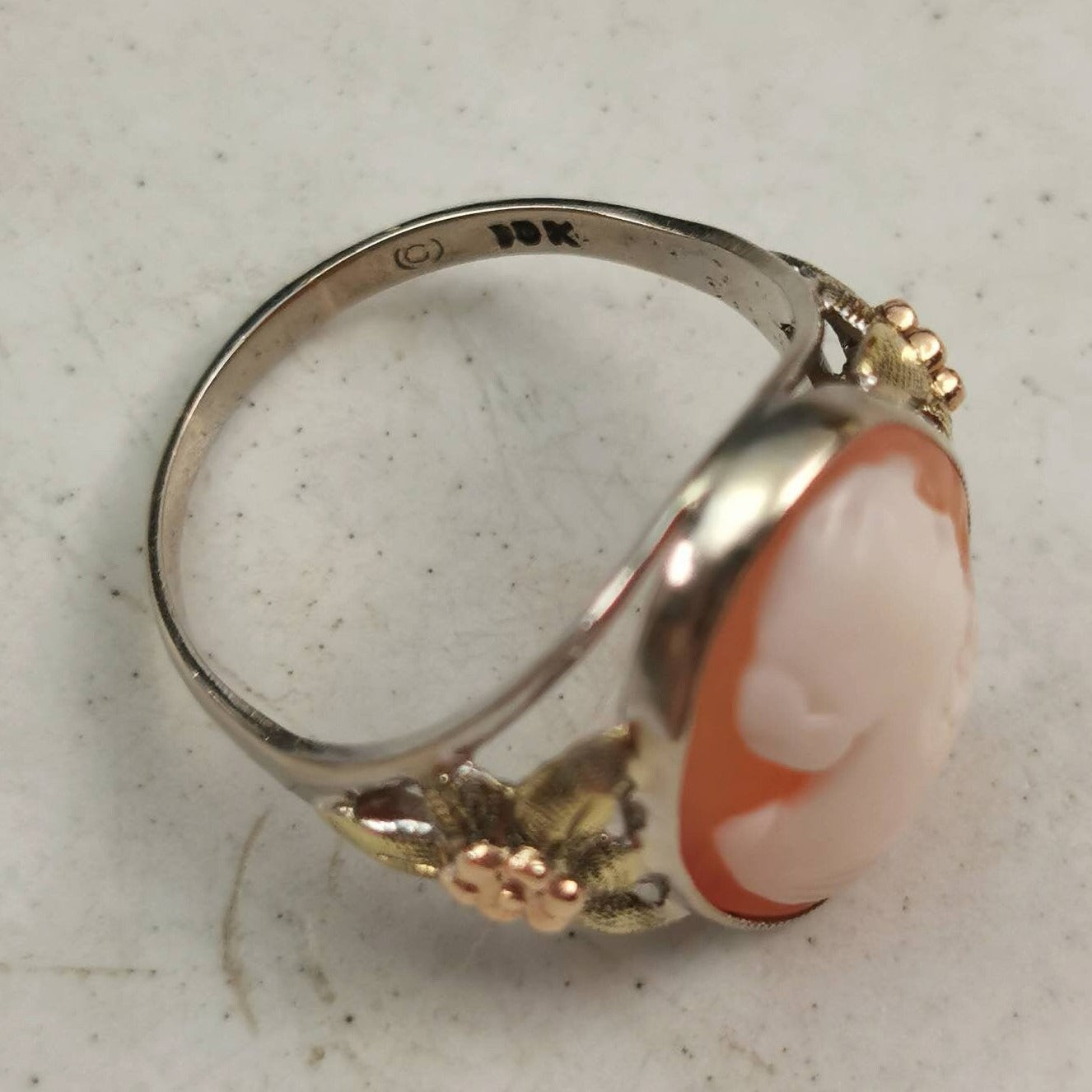 Art Deco 10k White Gold with Rose Gold Green Gold Accent Cameo Ring