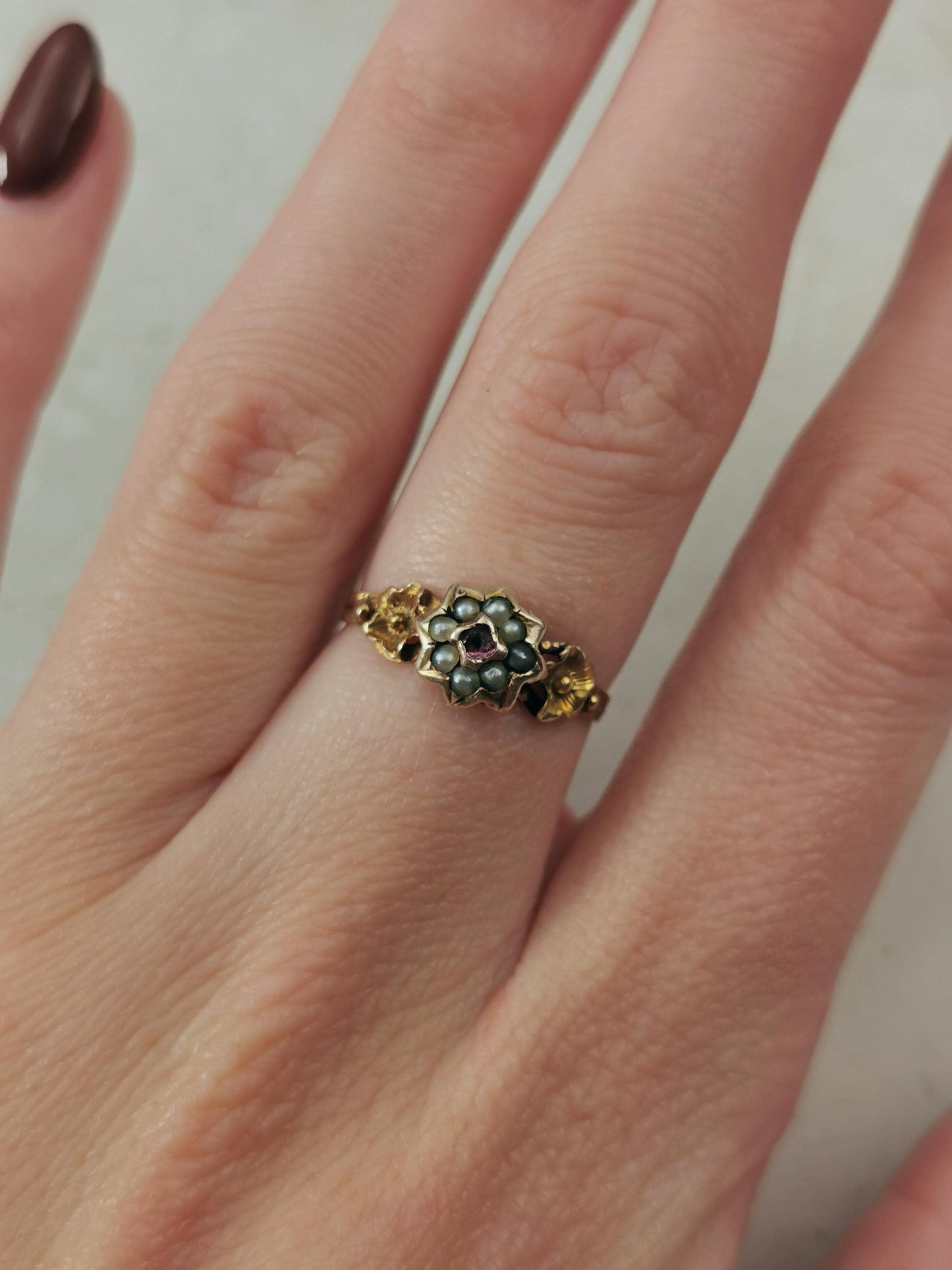 Antique Holland Victorian 19k Yellow Gold Seed Pearl Flower Ring