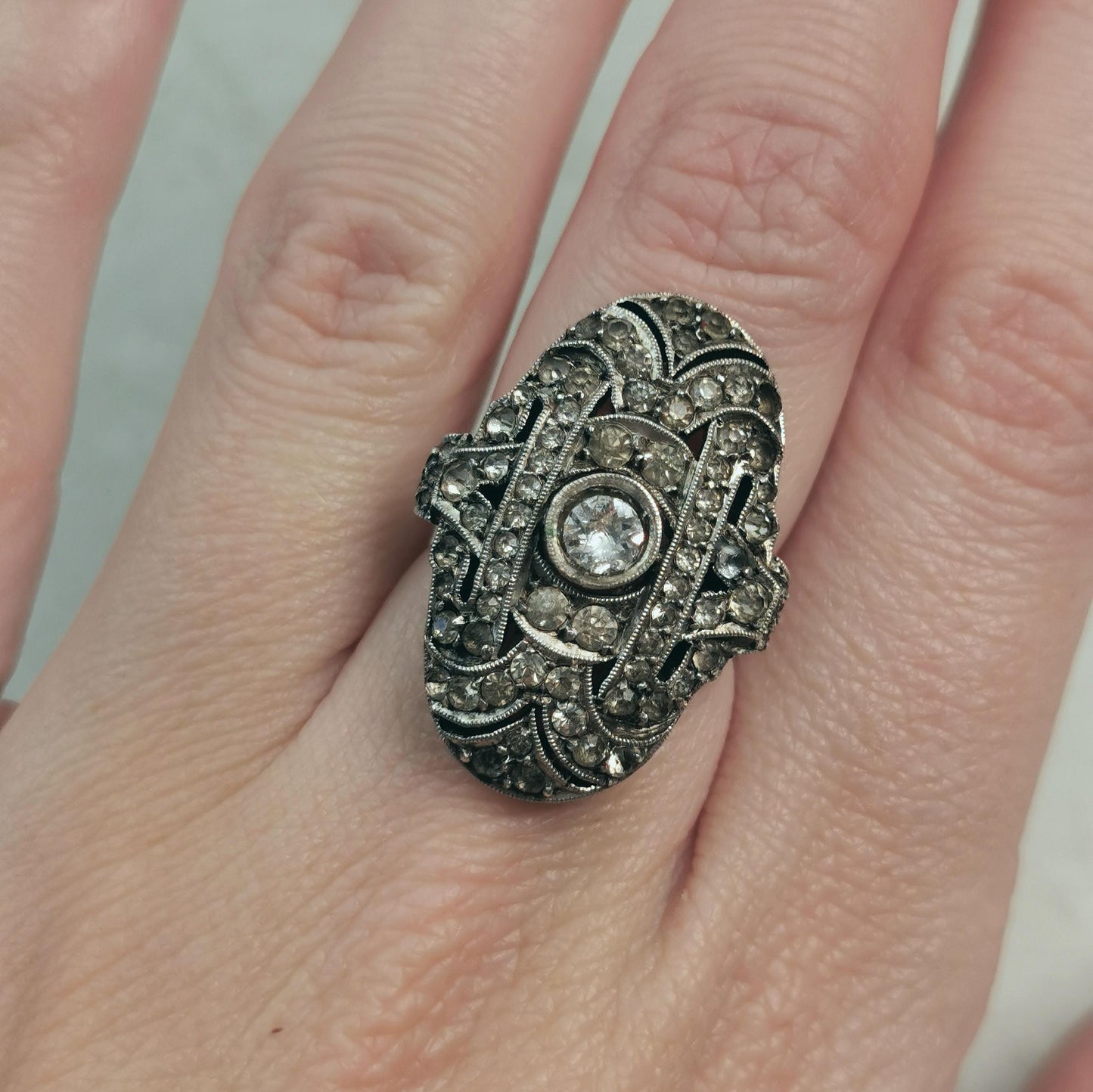 Birks Art Deco Sterling Silver & Paste Large Statement Rhinestone Ring