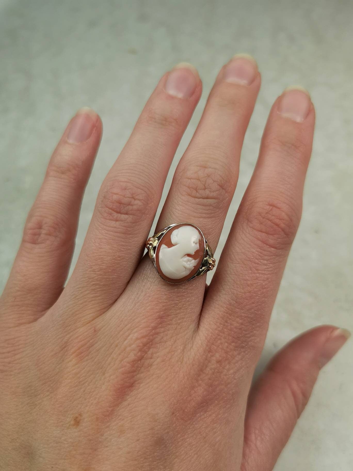 Art Deco 10k White Gold with Rose Gold Green Gold Accent Cameo Ring
