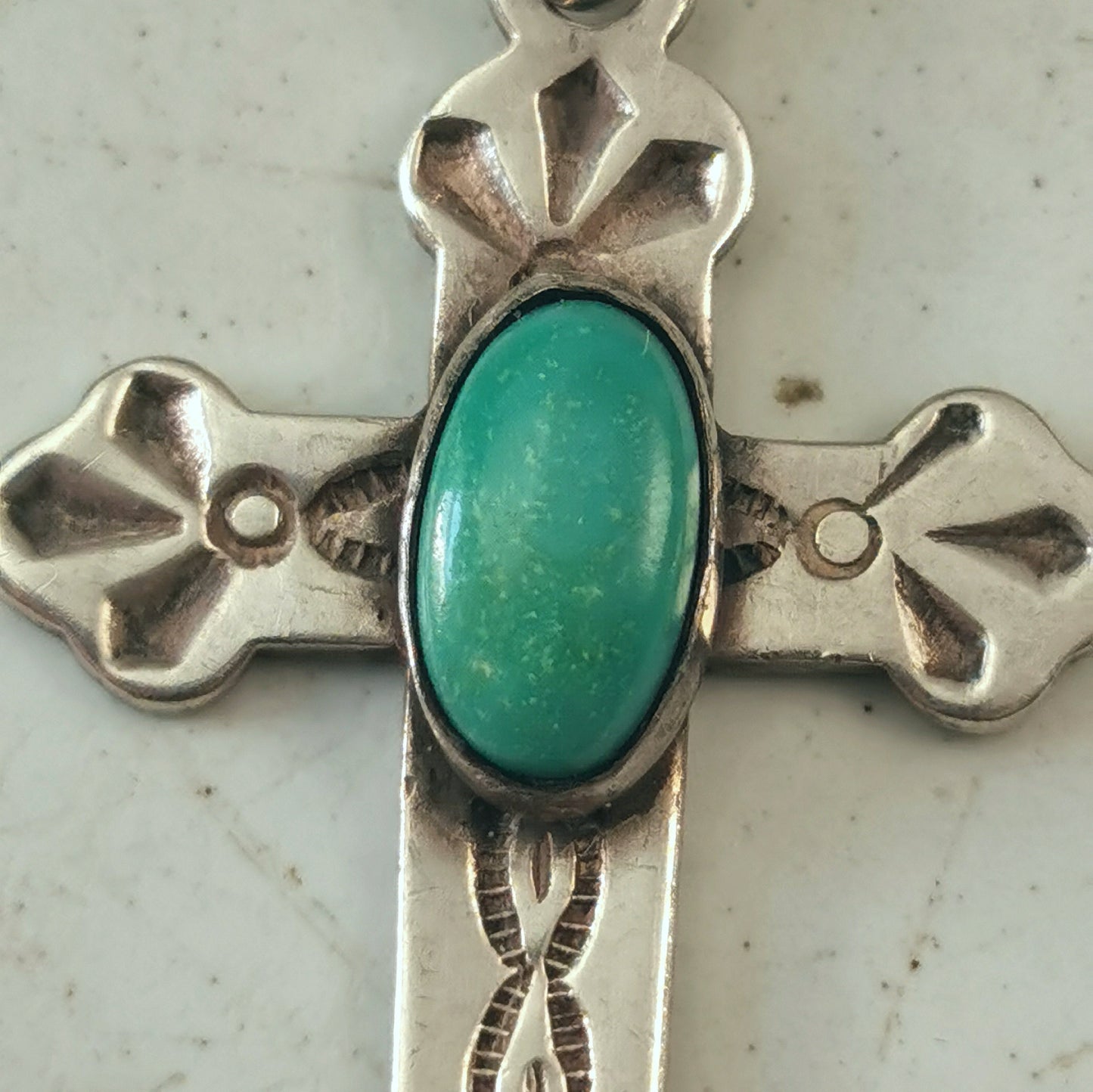 Vintage Navajo Patterned Silver and Turquoise Medium Cross Pendant