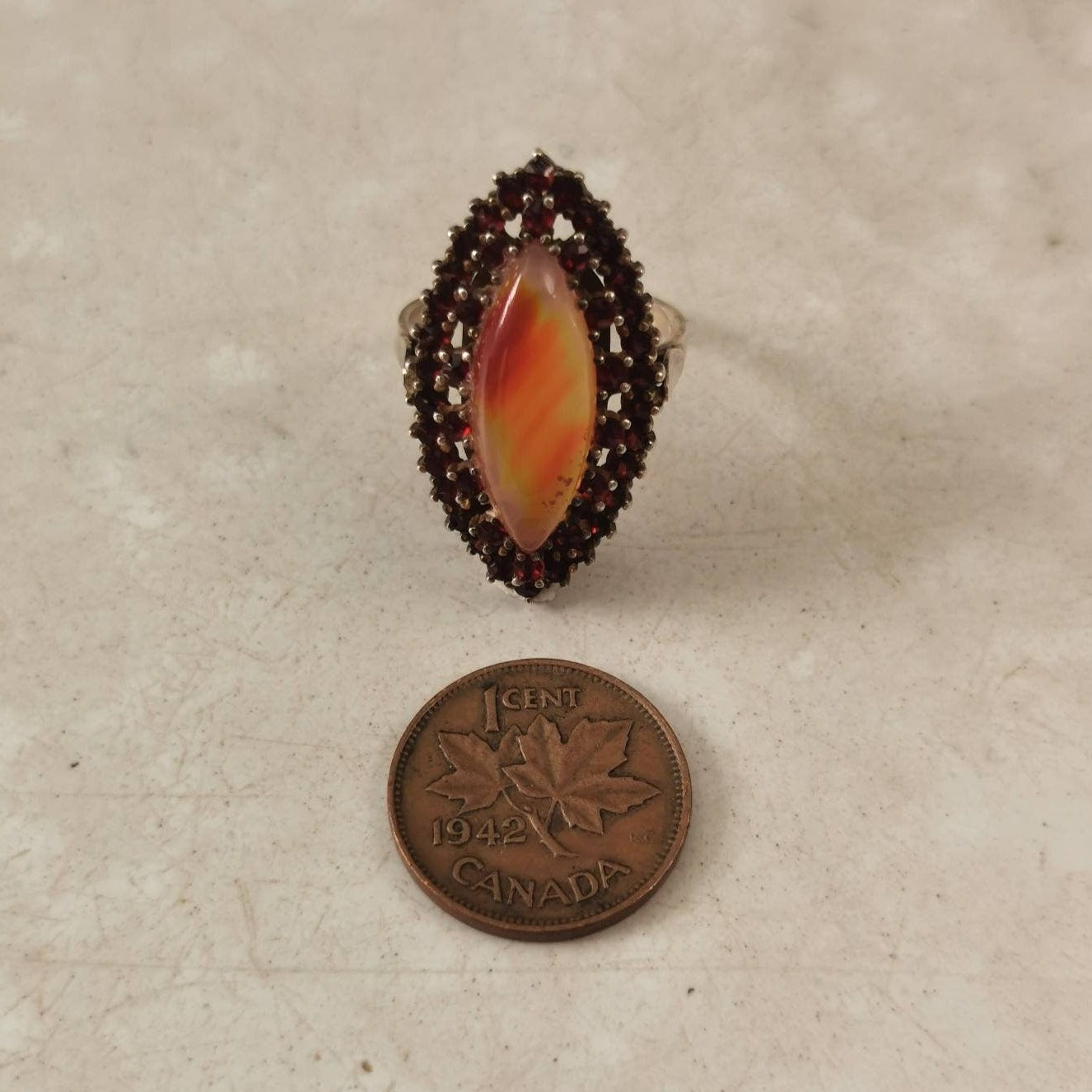 Bohemian 900 Silver Rose Cut Garnet Navette Ring