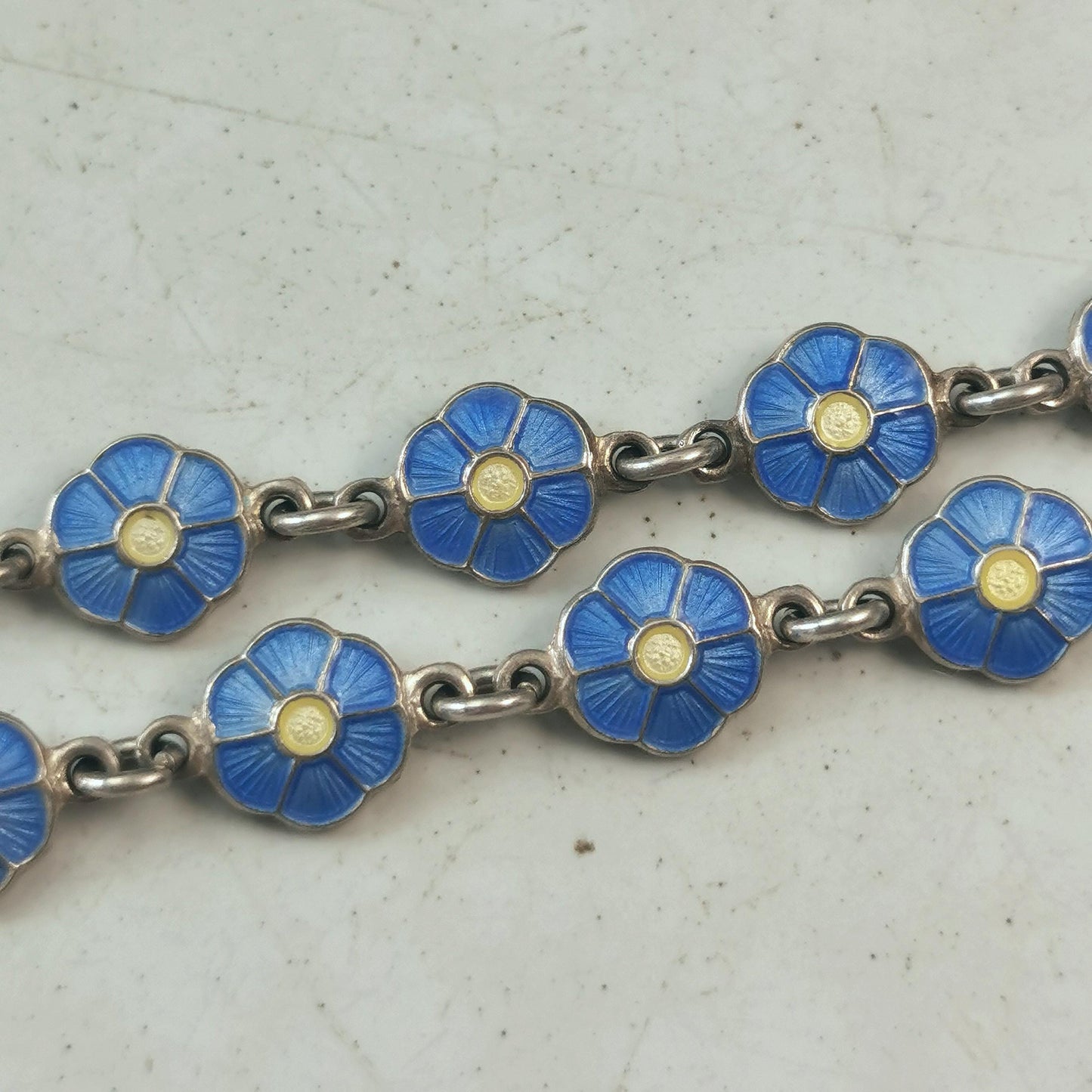 Vintage Volmer Bahner Sterling Silver and Enamel Flower Bracelet - Forget-me-not Blue Enamel Flowers- Adult Bracelet 7.5"