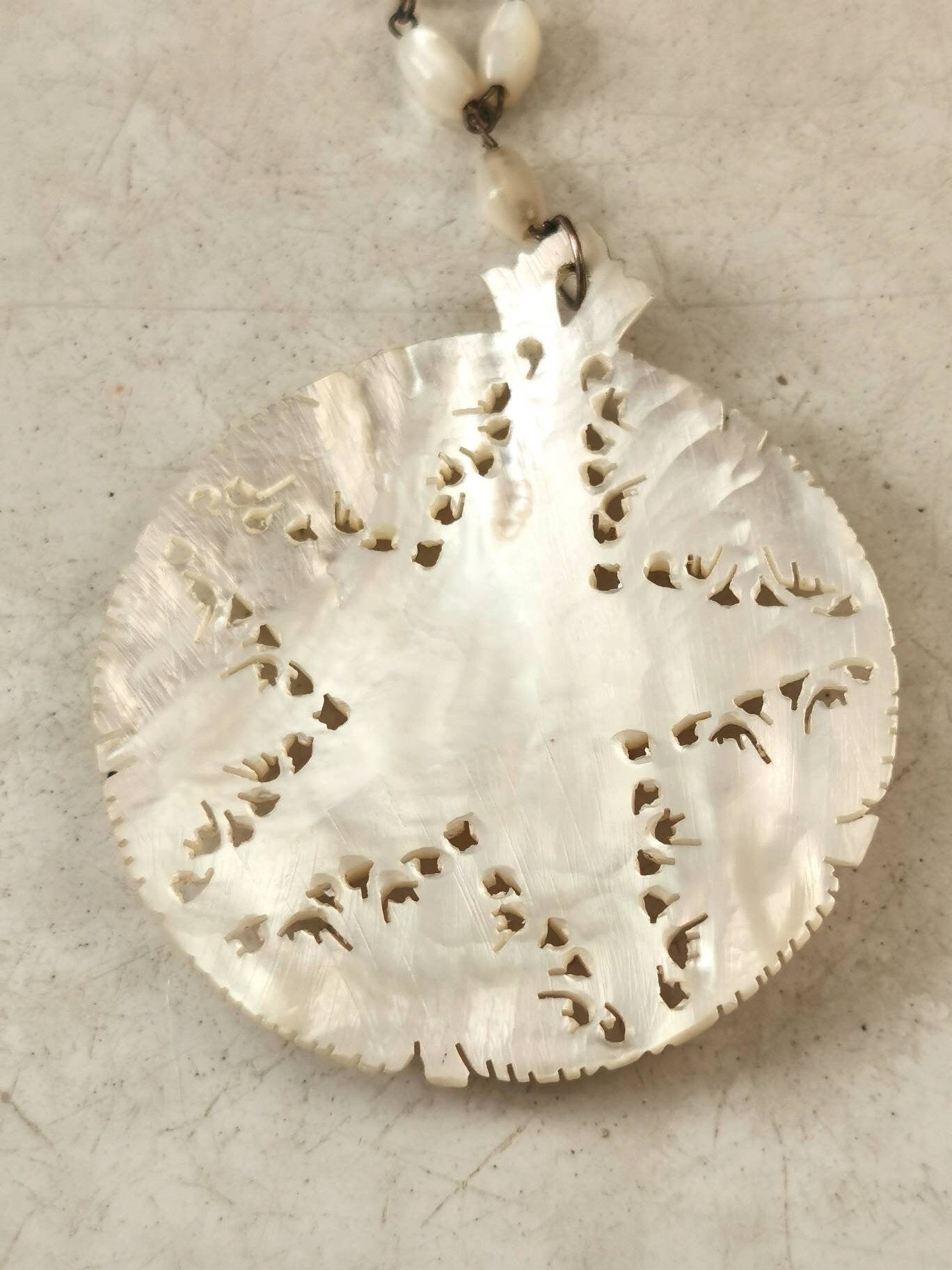 Art Deco Carved Mother of Pearl Pendant Necklace on Beaded Chain
