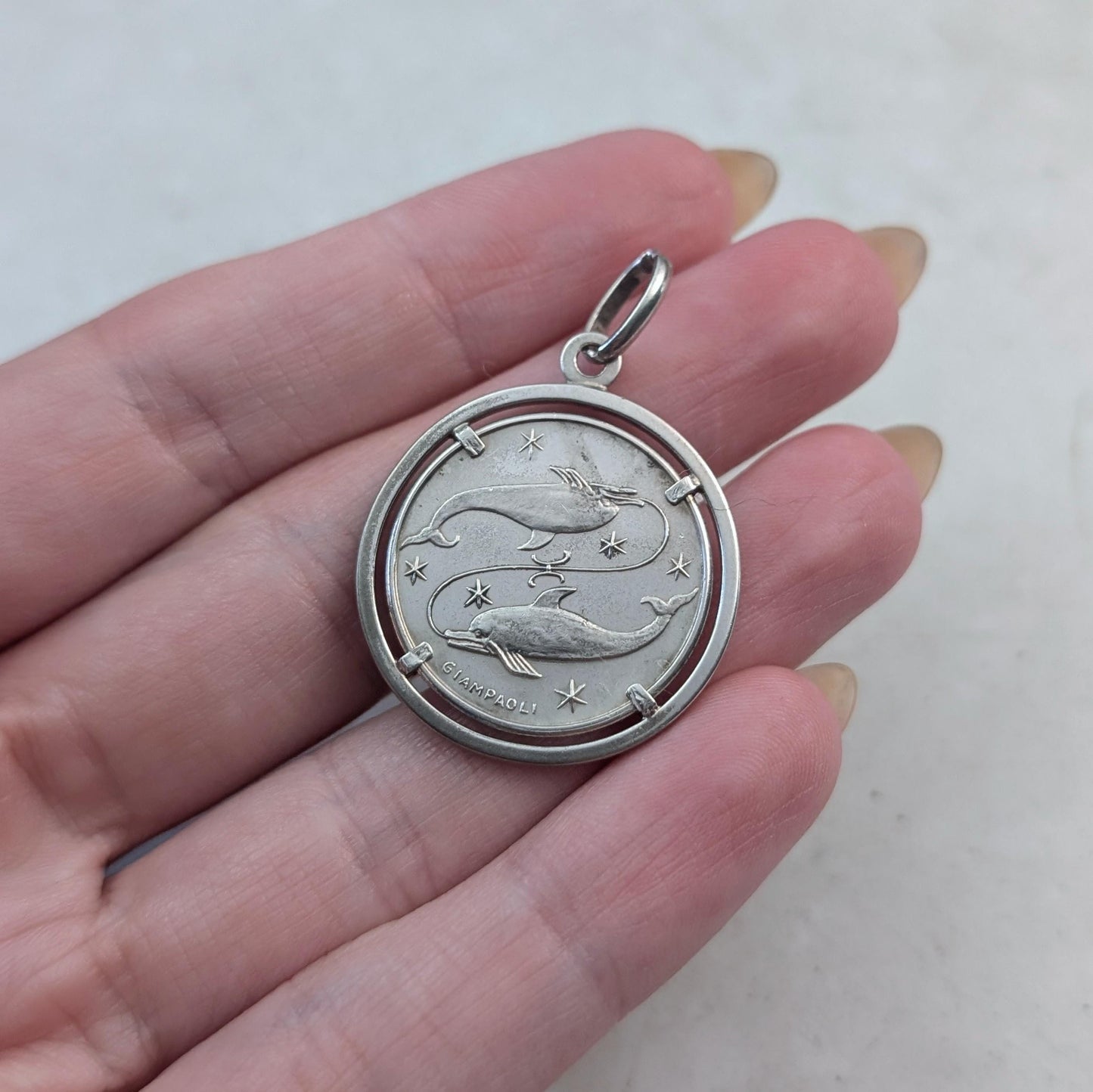 Vintage UNOAERRE Sterling Silver Pisces Giampaoli Zodiac Coin Pendant