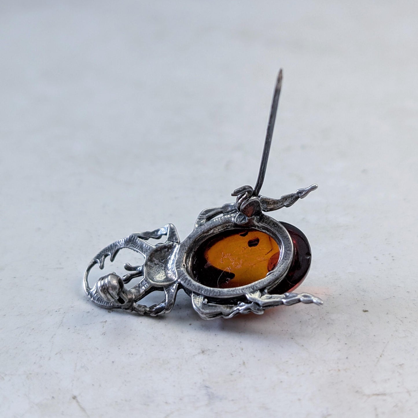 Vintage Sterling Silver and Amber Beetle Brooch