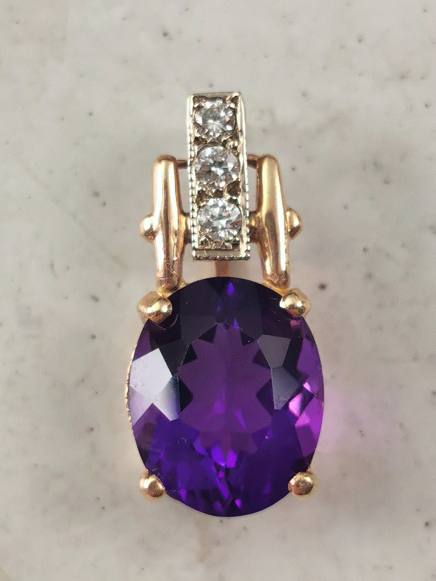 Vintage Large 14k Yellow and White Gold Amethyst and Diamond Pendant