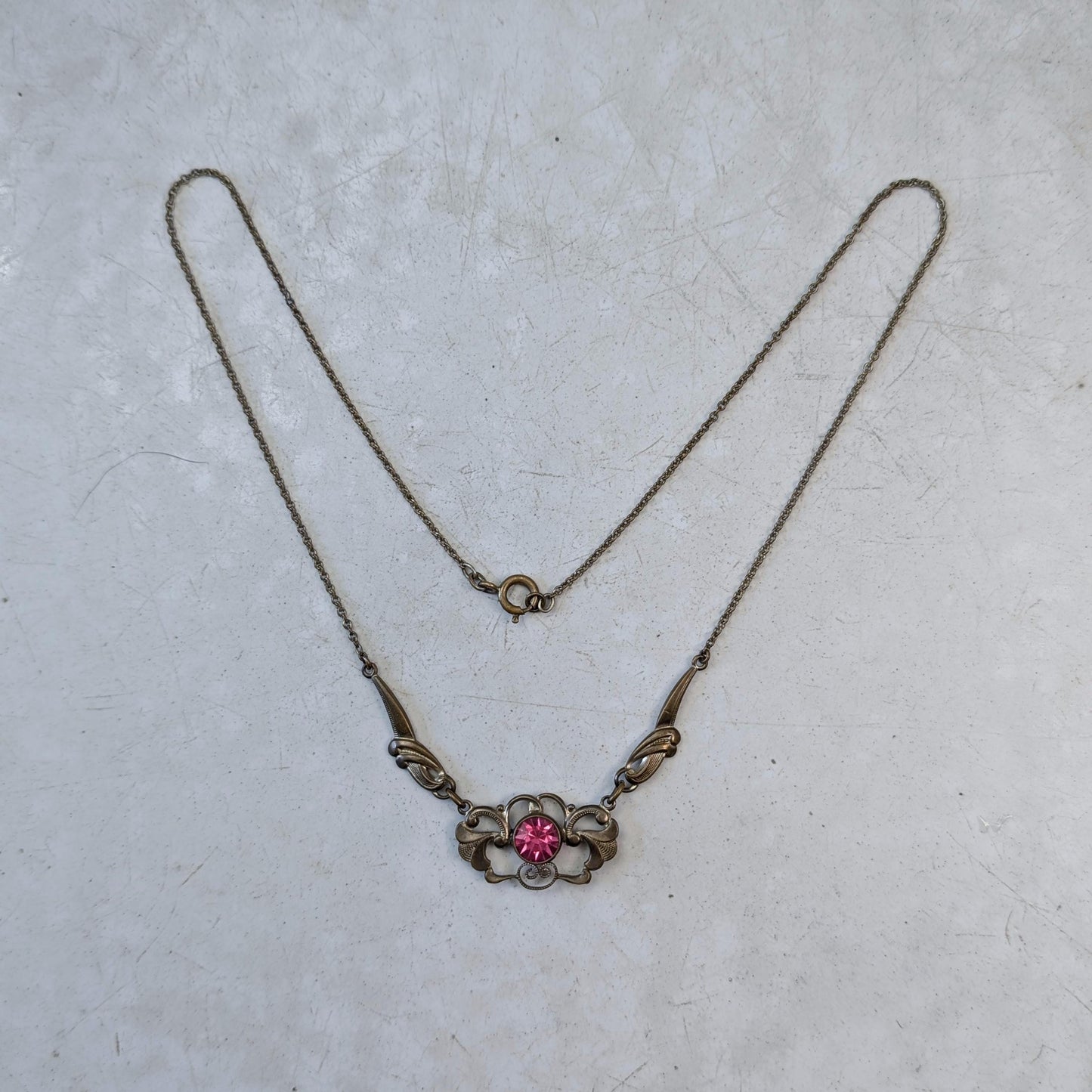 Antique Art Nouveau Brass & Pink Gem Necklace