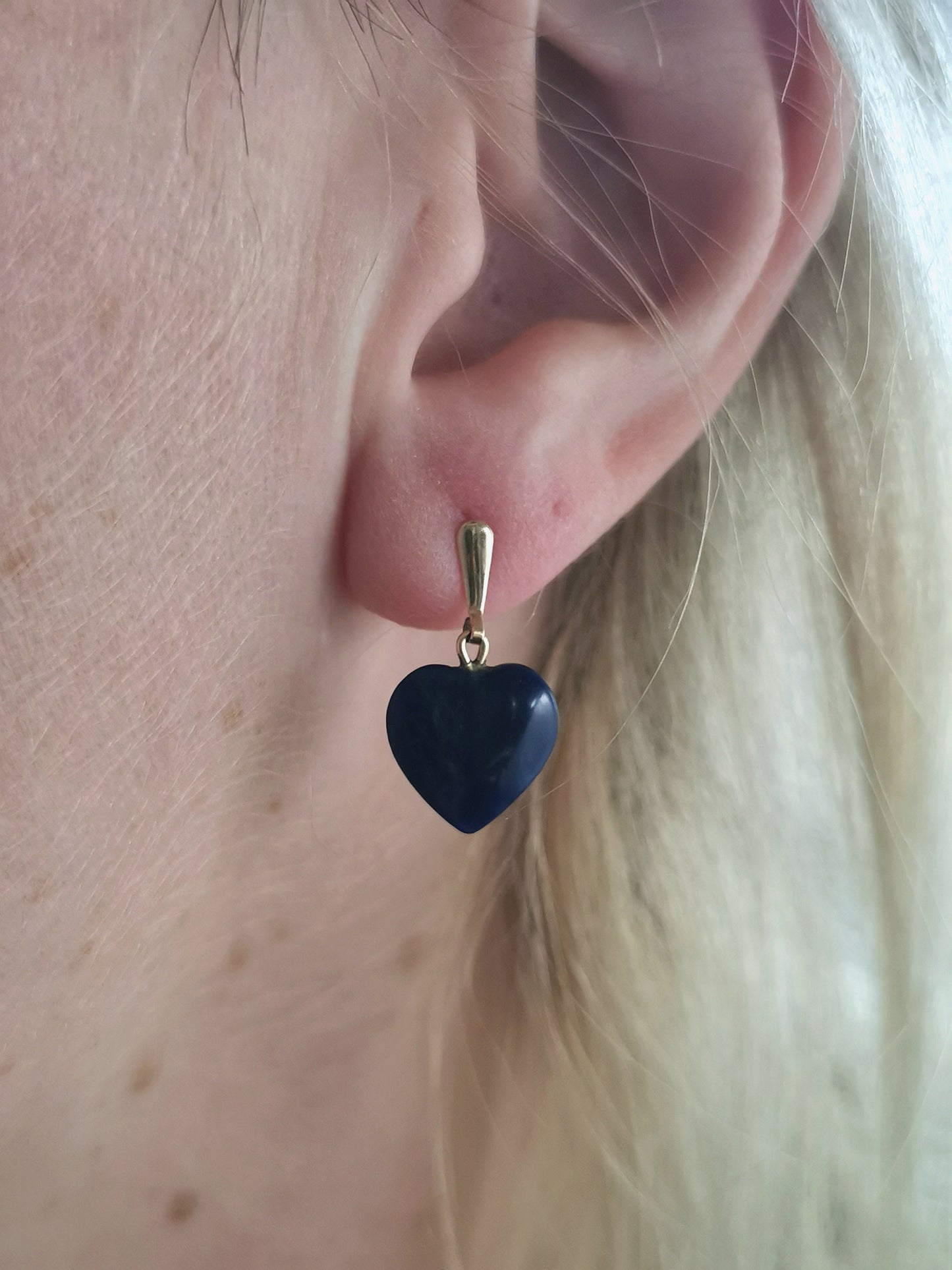 Vintage 14k Yellow Gold Sodalite Heart Dangle Stud Earrings