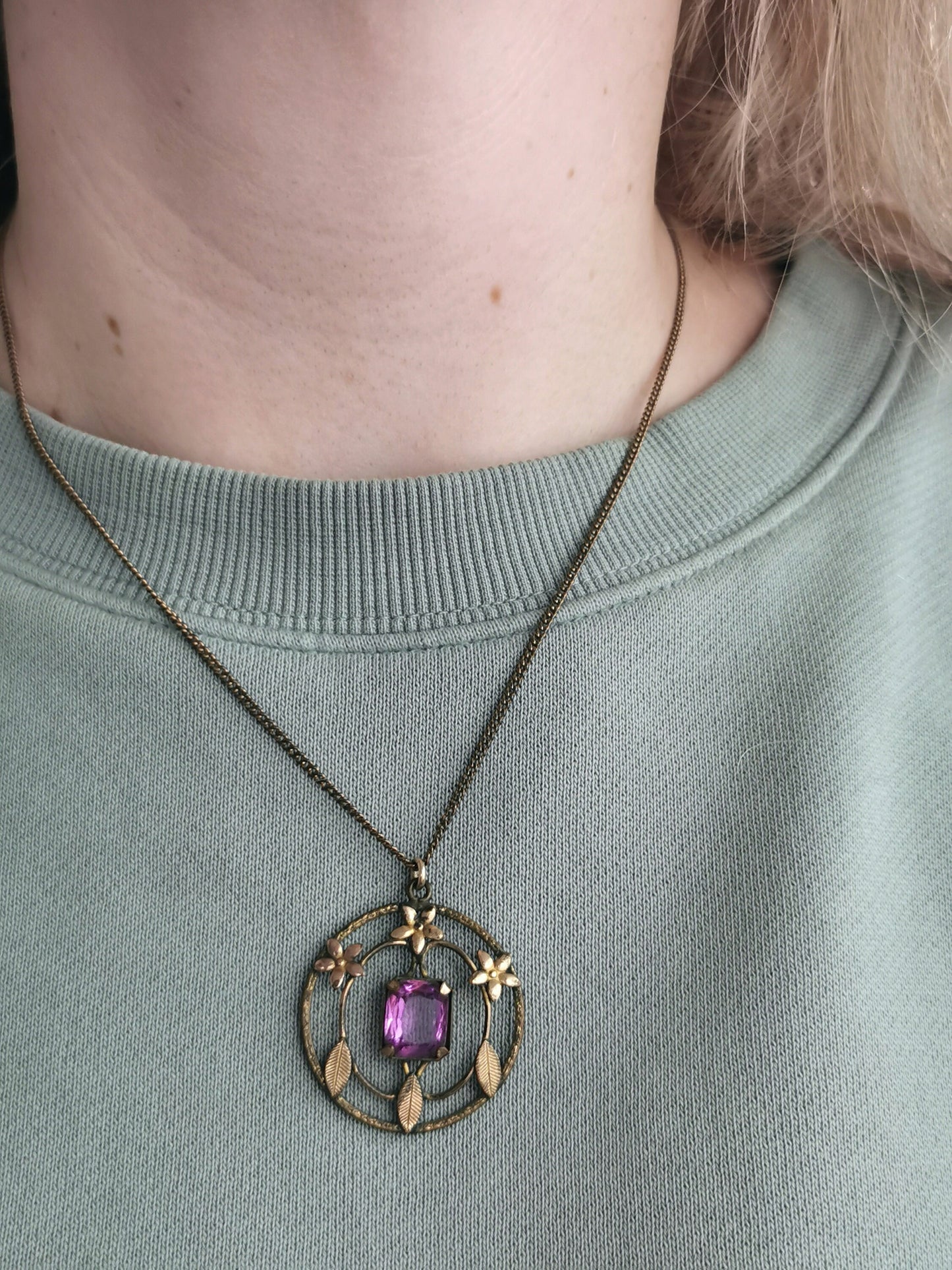 Antique Edwardian Gold Fill on Brass Necklace - Paste Amethyst Lavaliere Necklace - 17.5"