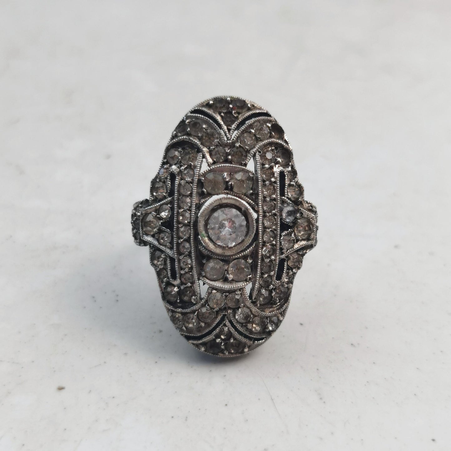 Birks Art Deco Sterling Silver & Paste Large Statement Rhinestone Ring