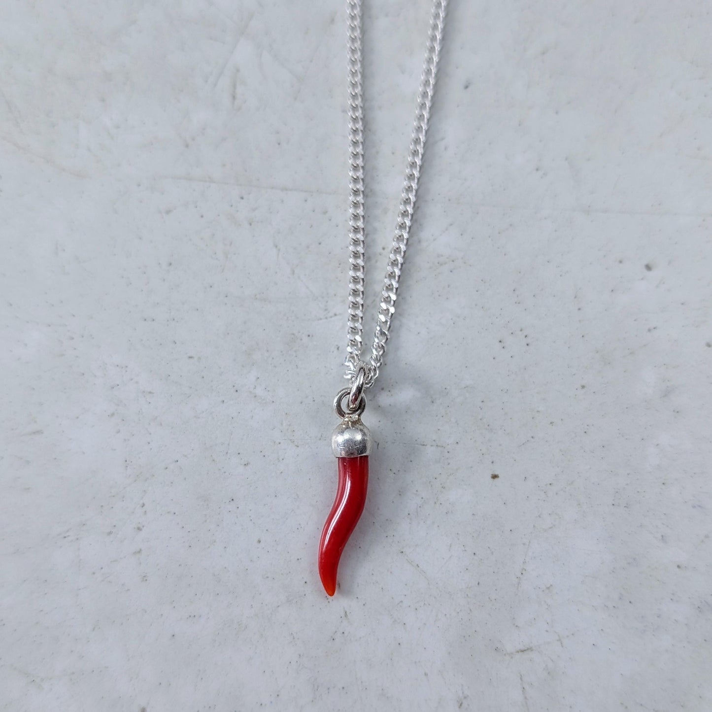 Sterling Silver Italian Red Coral Cornicello Necklace - Lucky Horn