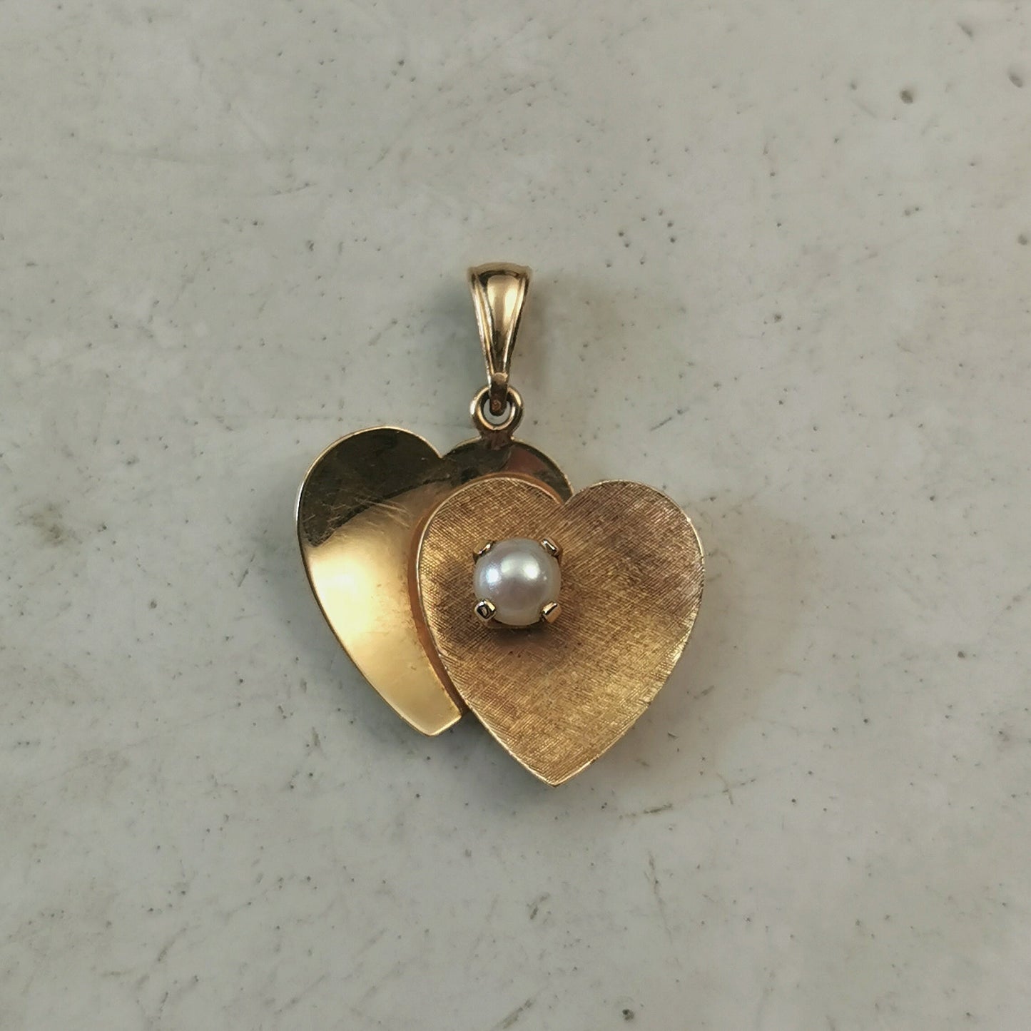 Vintage Birks 14k Yellow Gold Double Heart Pendant - Cultured Pearl - Love