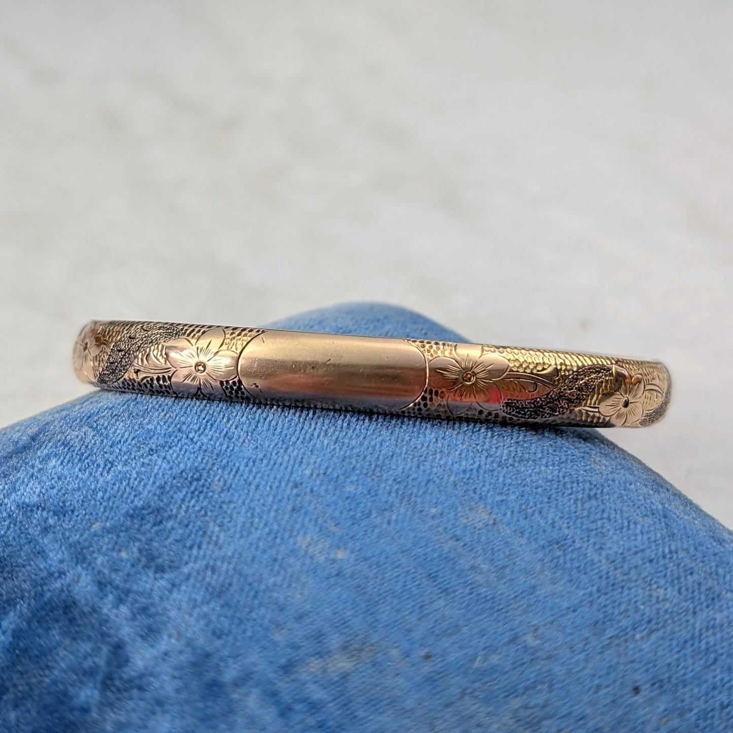 Antique Gold Filled Black Enamel Floral Engraved Bangle Bracelet