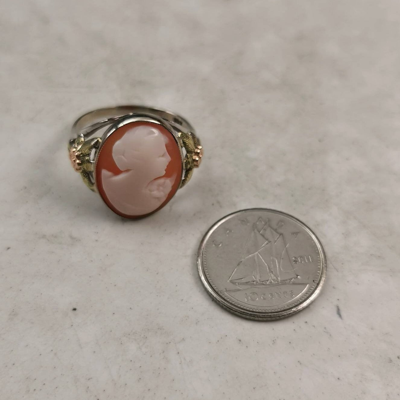 Art Deco 10k White Gold with Rose Gold Green Gold Accent Cameo Ring