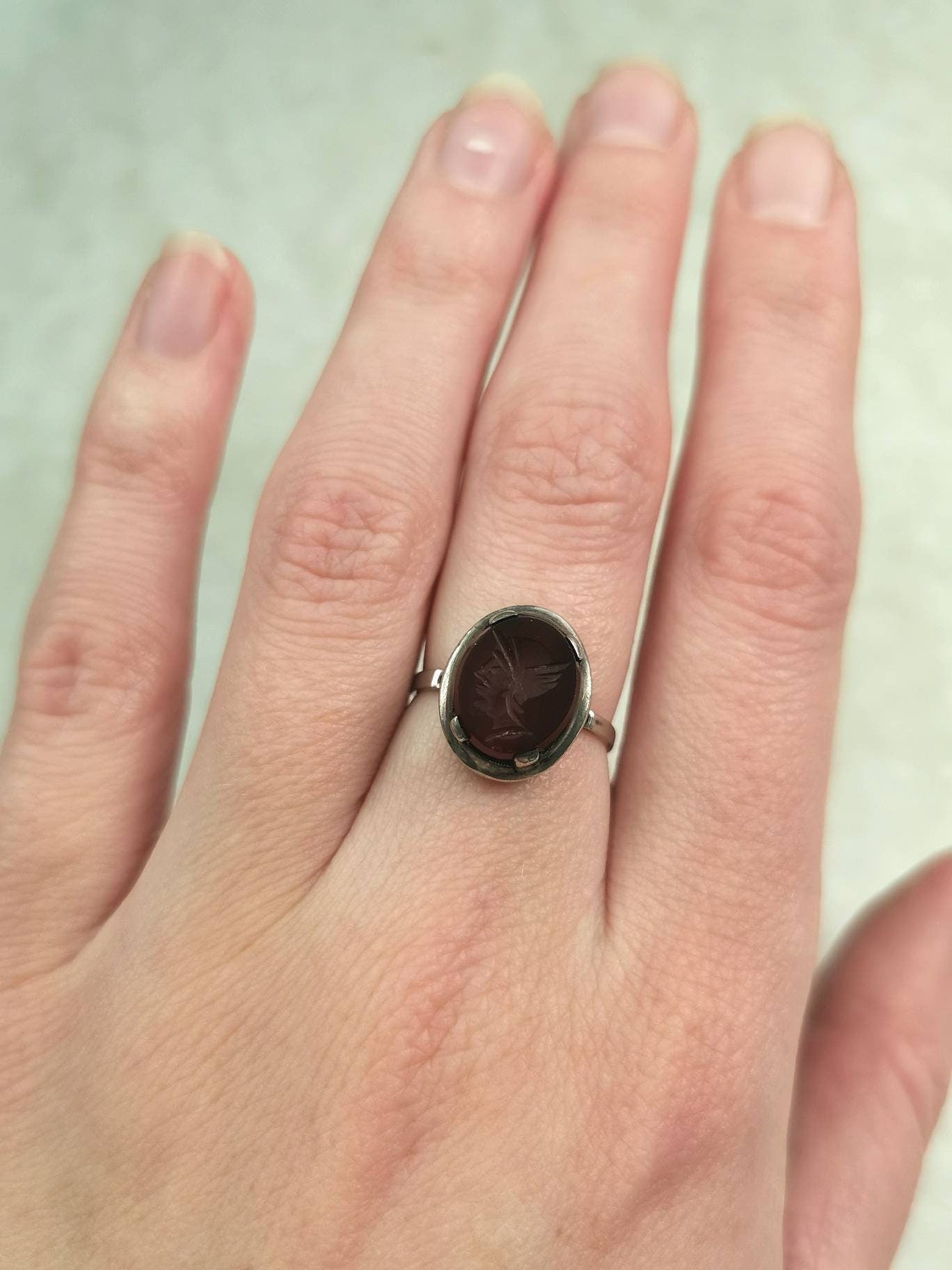 Vintage 835 Silver Carnelian Greek God Hermes Intaglio Ring