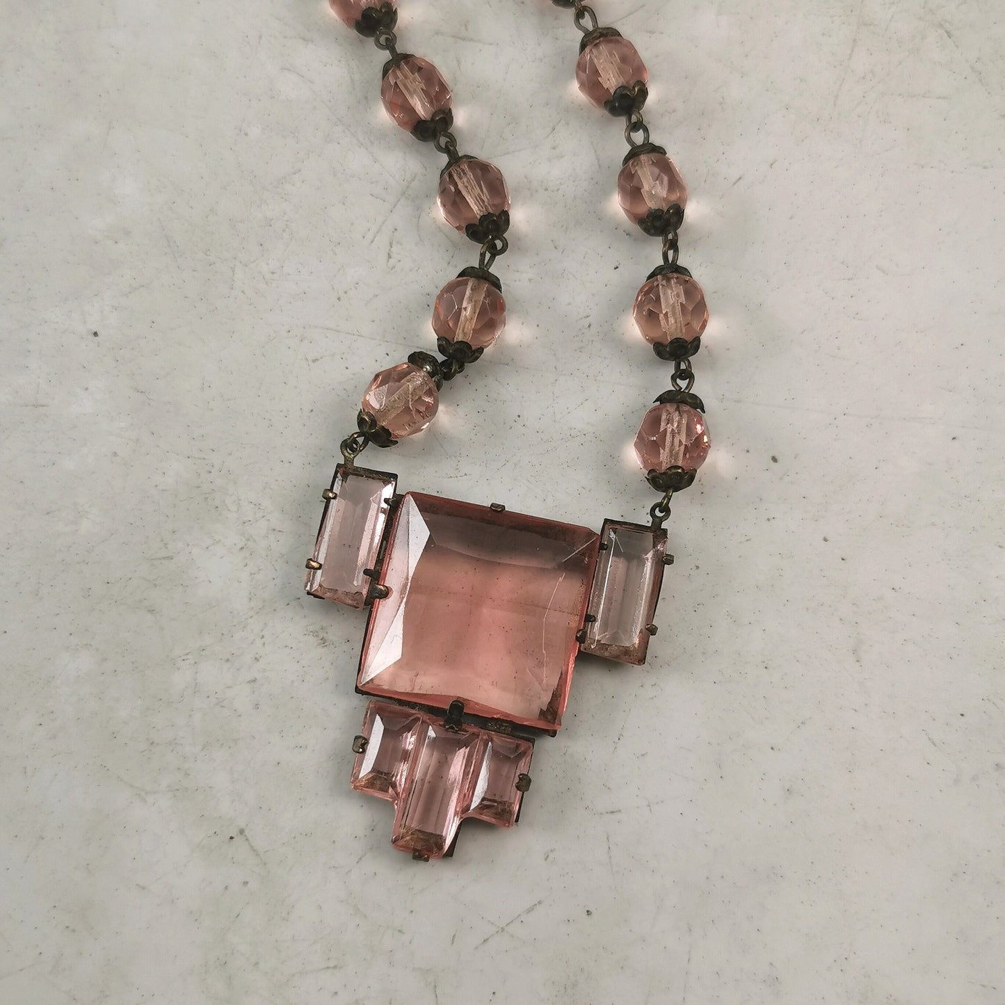 Antique Czech Pink Glass Panel Beaded Necklace