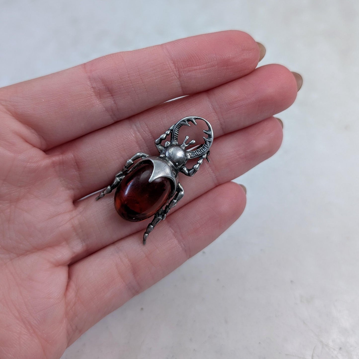 Vintage Sterling Silver and Amber Beetle Brooch